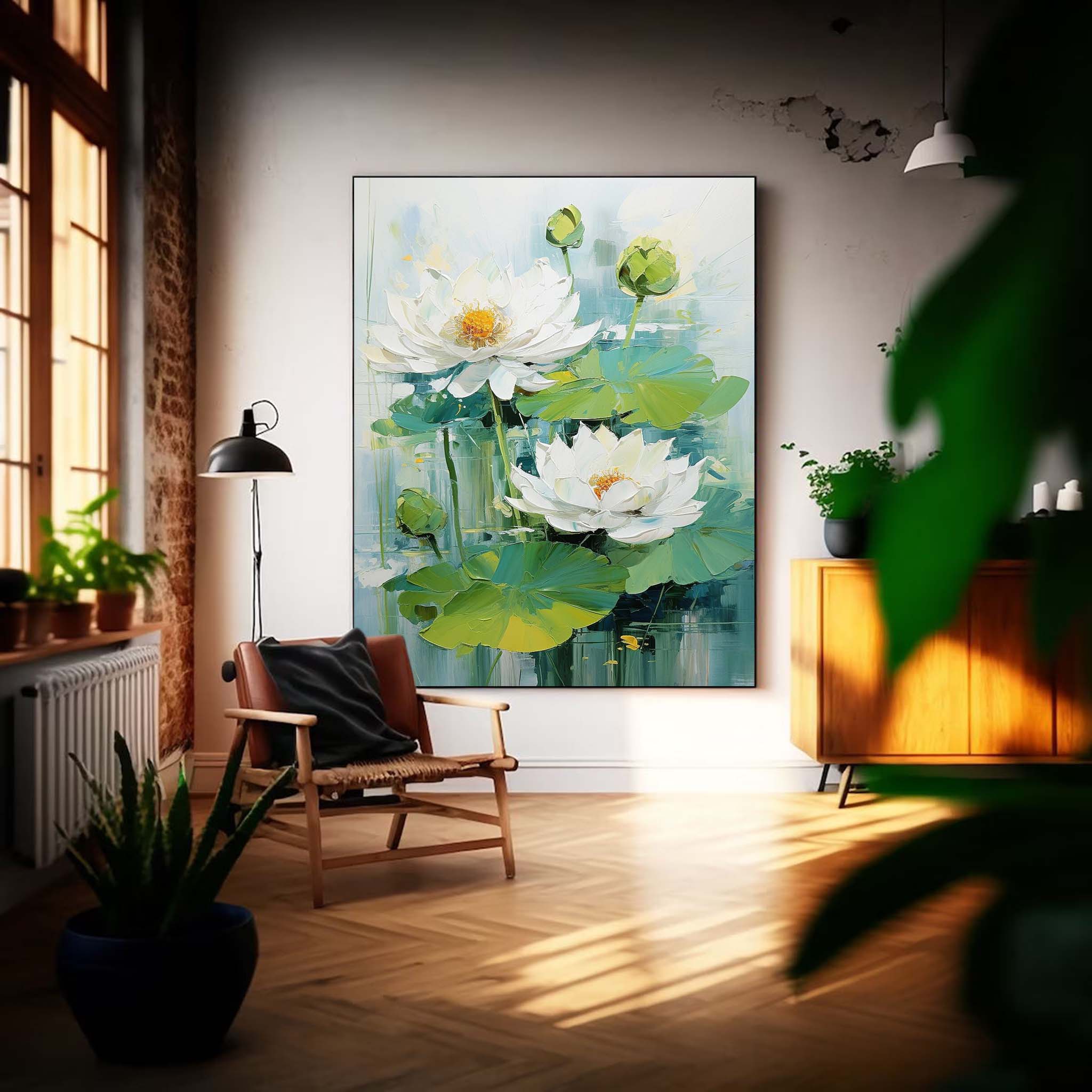 Lotus Painting Framed Large White Flower Wall Art Abstract Flower Acrylic Painting Textured Floral Painting