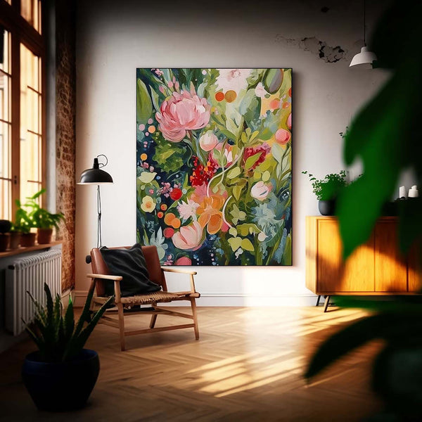 Original Green Flower Wall Art Abstract Boho Modern Floral Acrylic Painting On Canvas Living Room Wall Decor