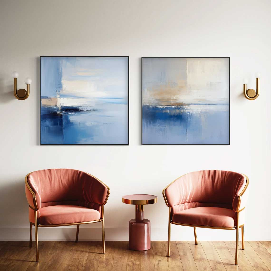 Set of 2 Large Abstract Modern Blue Square Original Oil Paintings On Canvas minimalist Texture Wall Art Home Decor