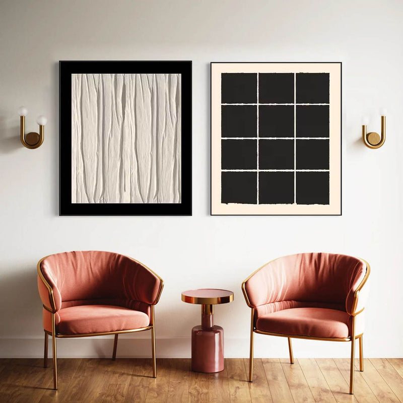 Set of 2 Large Minimalist Modern Black And White Square Original Oil Paintings On Canvas Texture Wall Art Decor