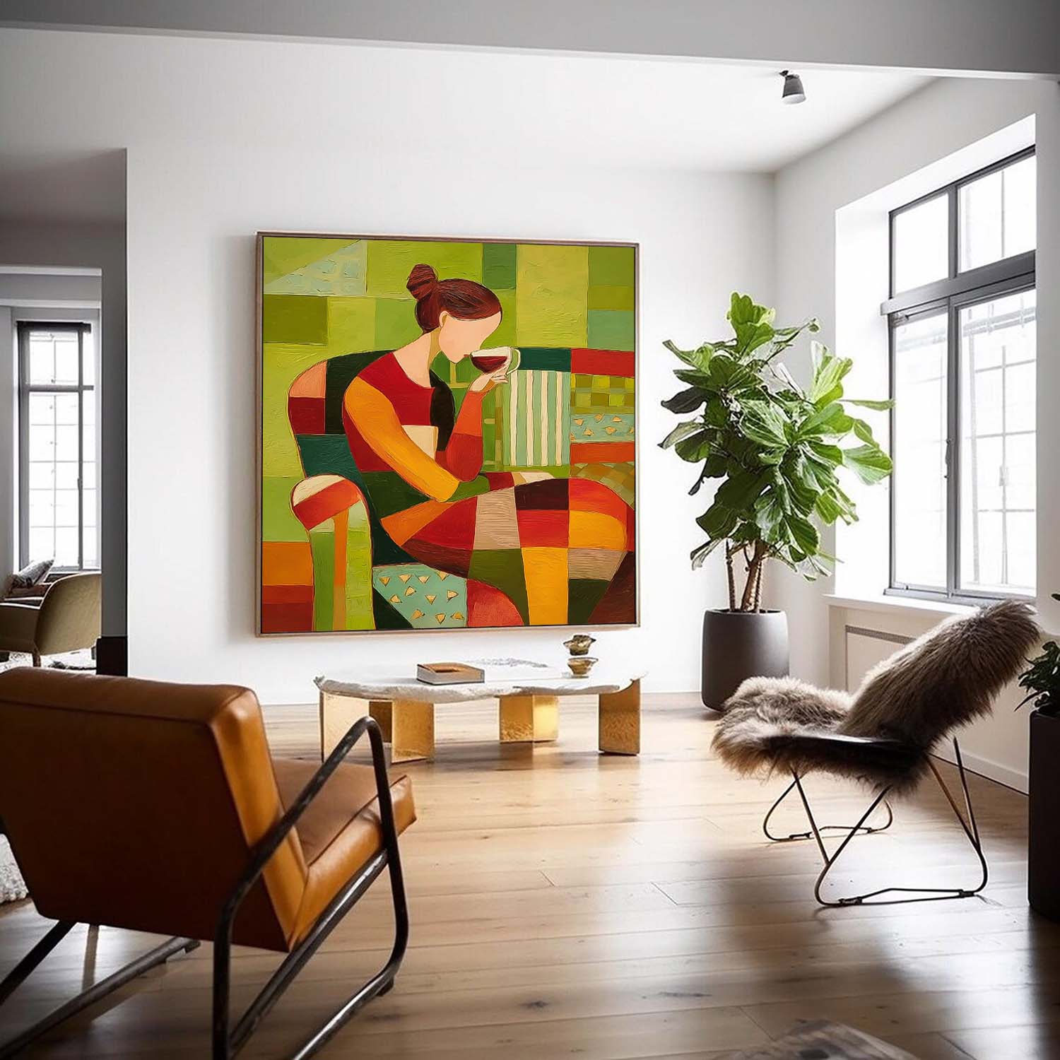 Lady Geometric Color Blocks Oil Painting Canvas Original Elegant Woman Wall Art Abstract Figure Artwork
