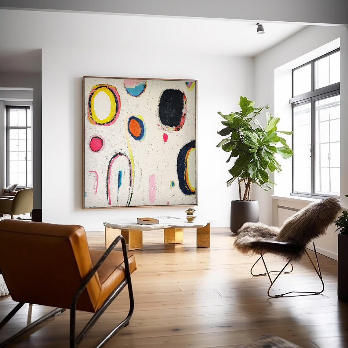 Square Abstract Oil Painting Modern Handmade Artwork Original Irregular Geometric Circles Wall Art