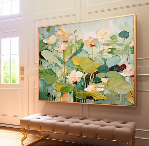 Big Flower Texture Artwork Original Abstract Green Leaves Oil Painting On Canva For Living Room Decor Gift