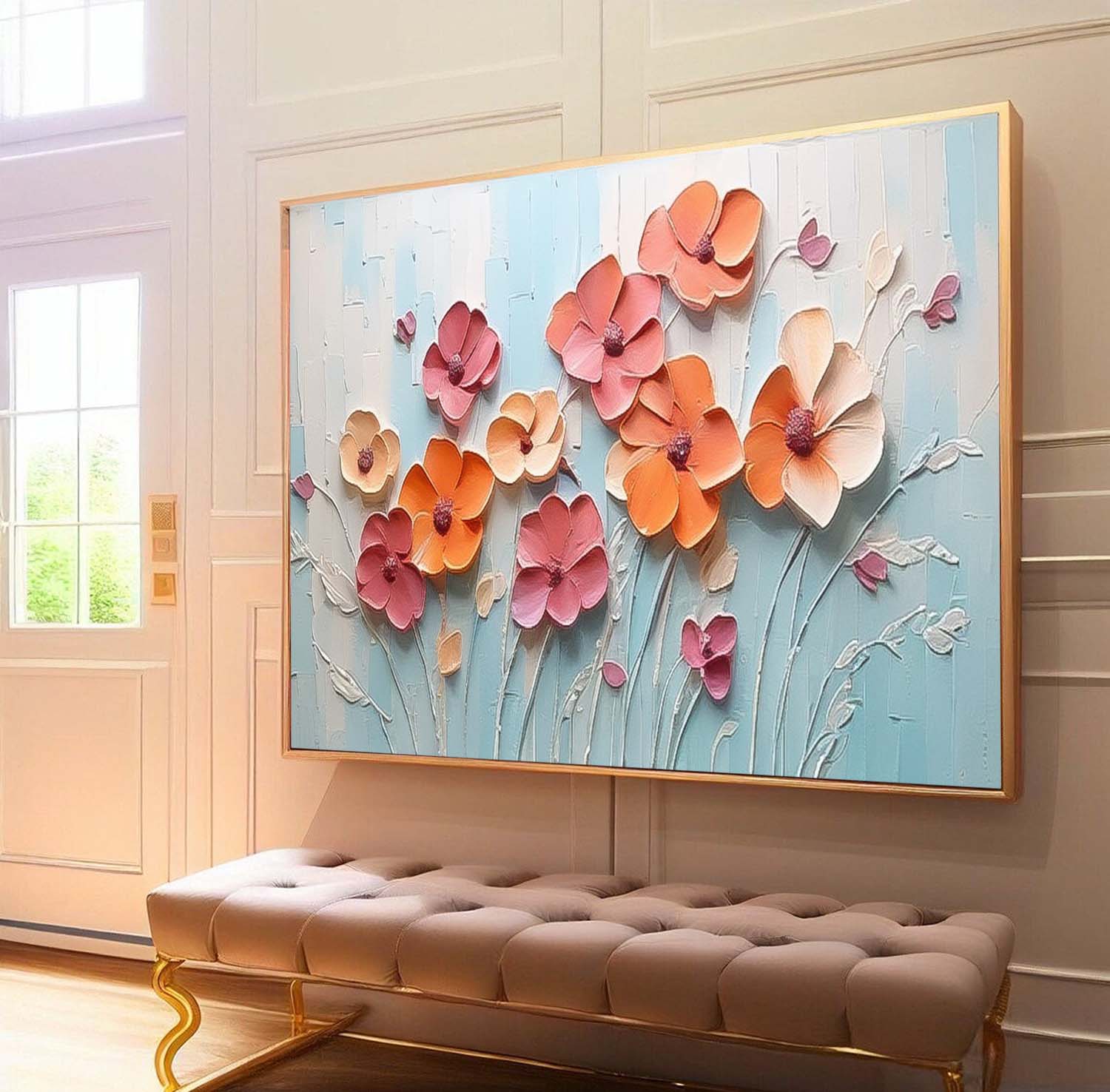 Spring Flowers Drawing Large Textured Floral Acrylic Painting Modern Original Framed Floral Wall Art