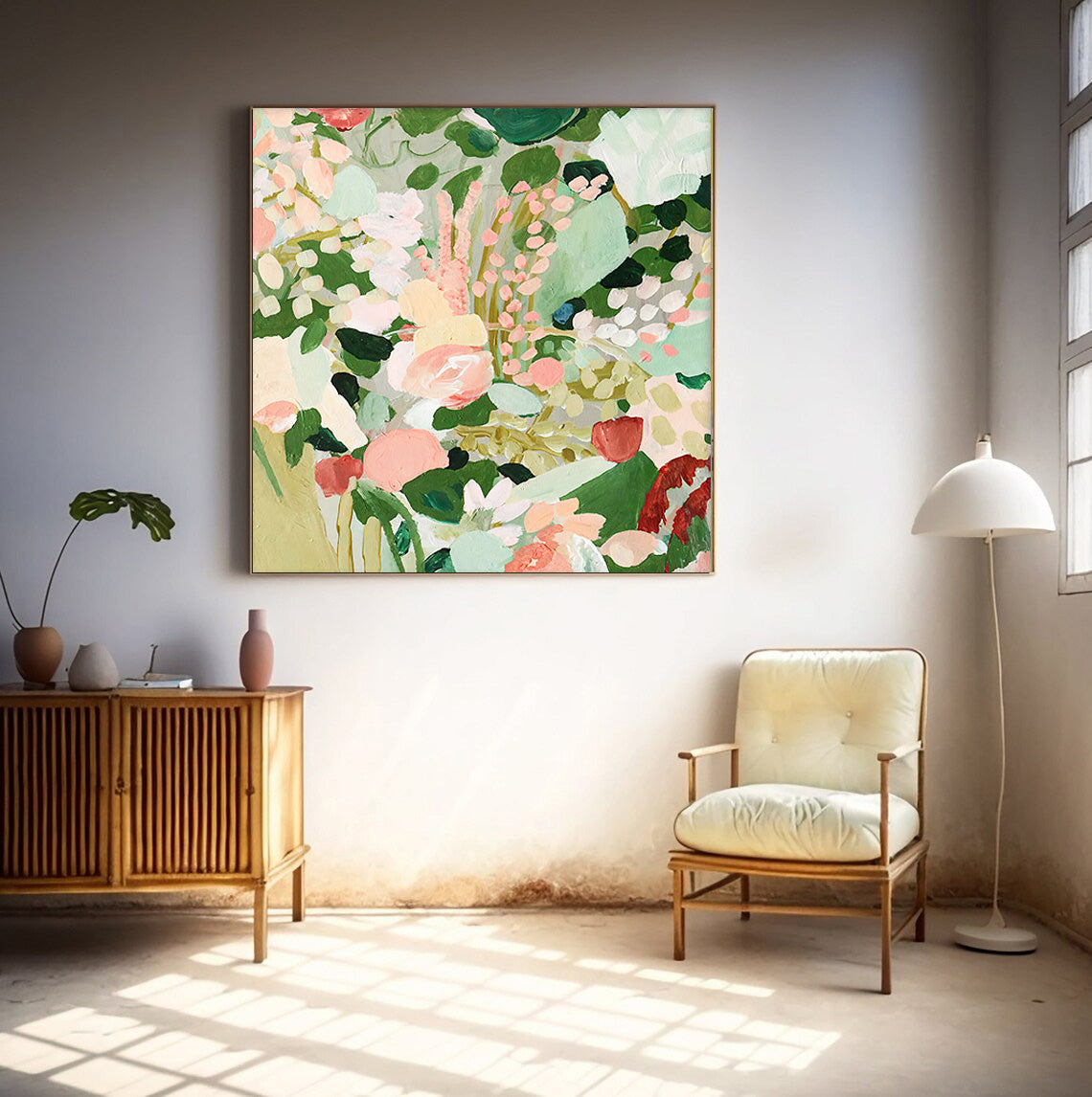 Original Bright Green Flower Wall Art Large Textured Floral Acrylic Painting Modern White Floral Oil Painting On Canvas For Living Room