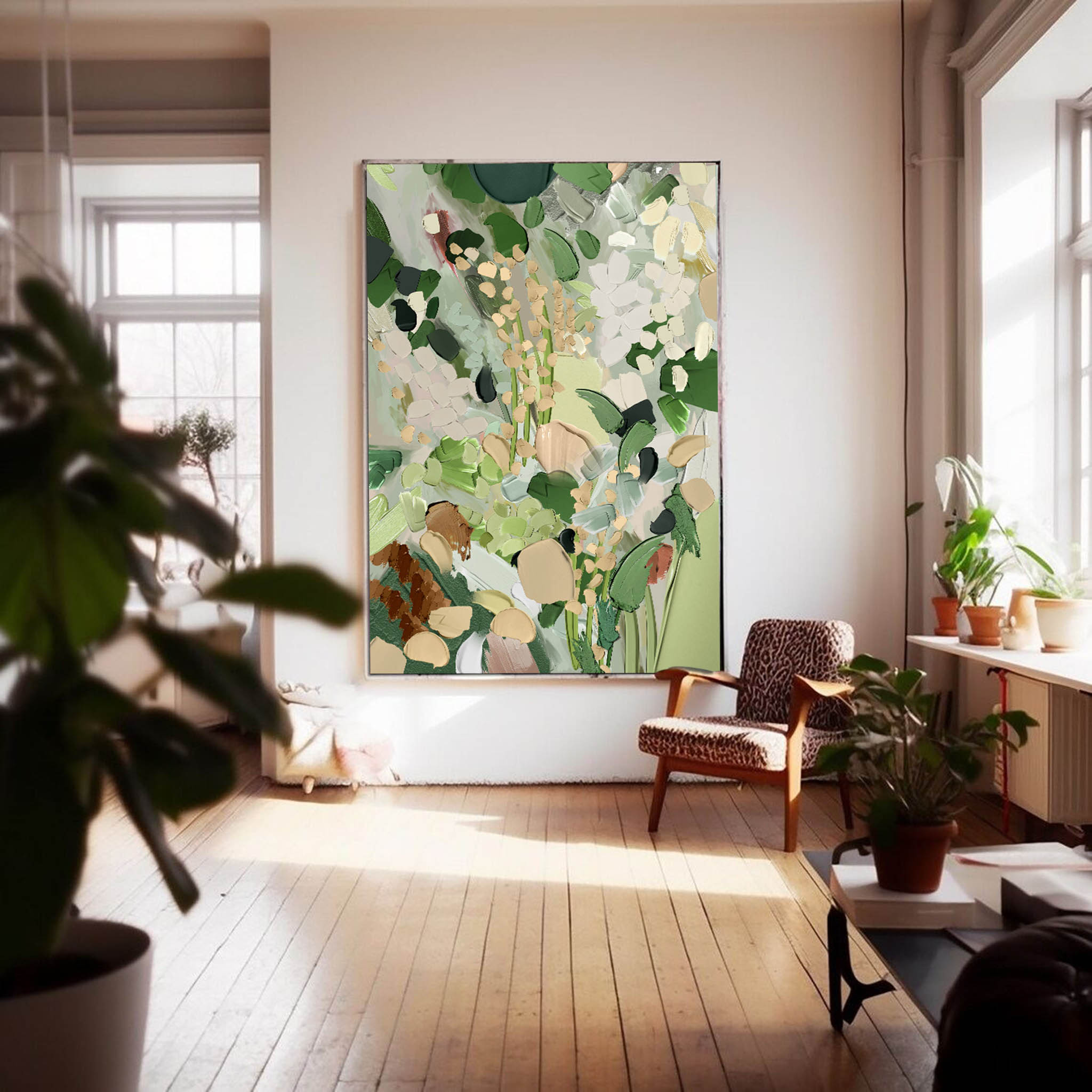 Green Modern Oil Painting Canvas Large Abstract Knife Painting Original Green Plant Wall Art Home Decoration