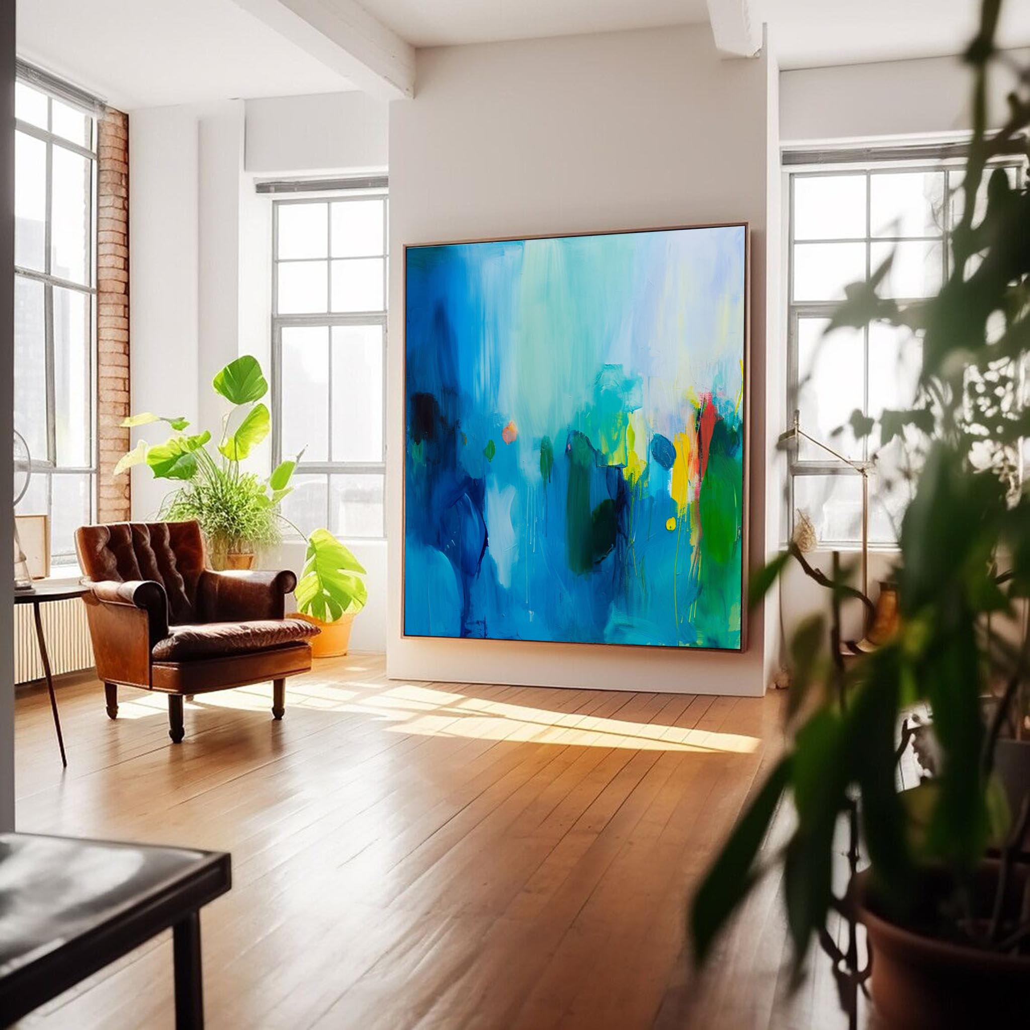 Oversize Blue Abstract Acrylic Painting Acrylic Abstract Impression Painting Large Framed Wall Art