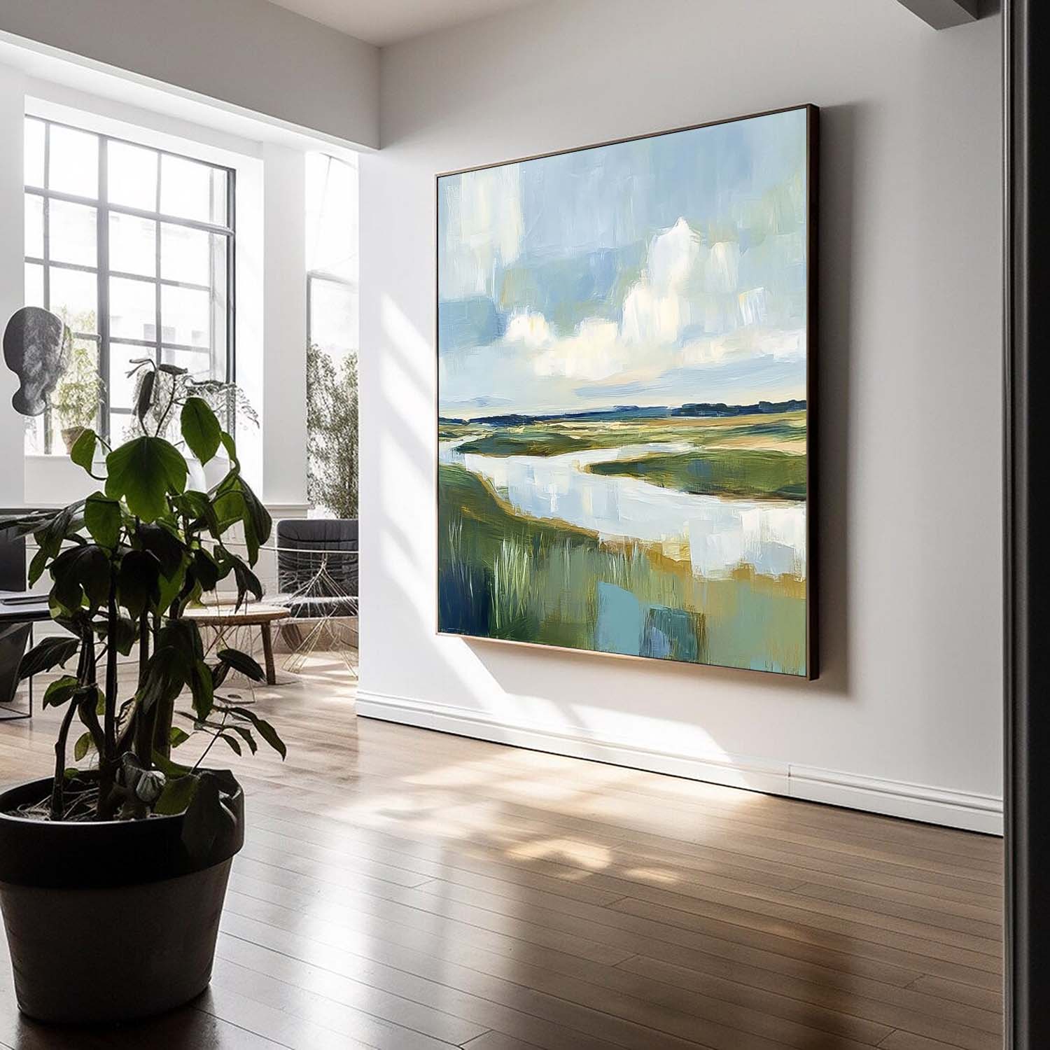 Abstract Lake Landscape Oil Painting Large Blue Texture Wall Art Framed Green Countryside Landscape Artwork