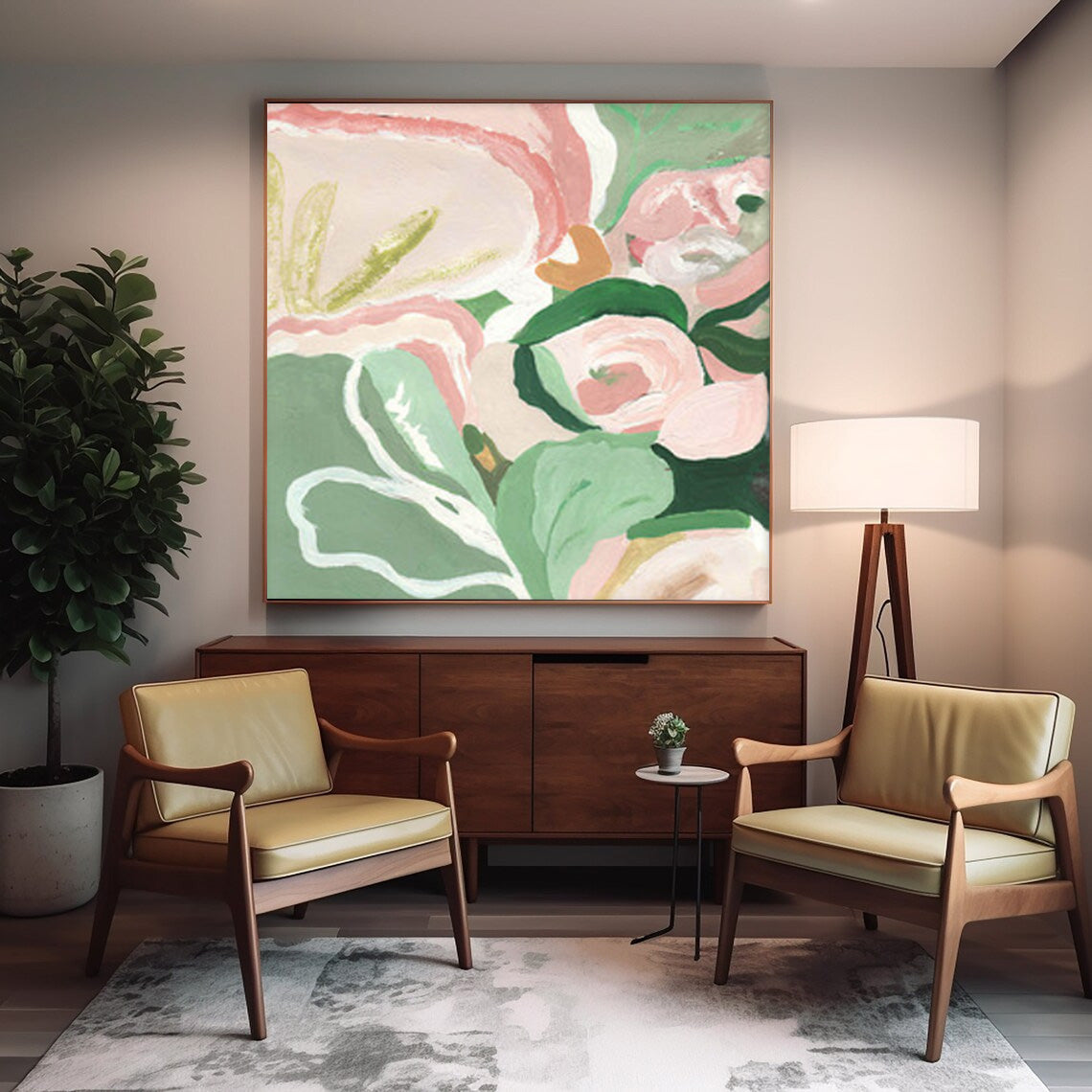 Green And Pink Original Flower Wall Art Large Textured Floral Acrylic Painting Modern White Floral Oil Painting On Canvas For Living Room