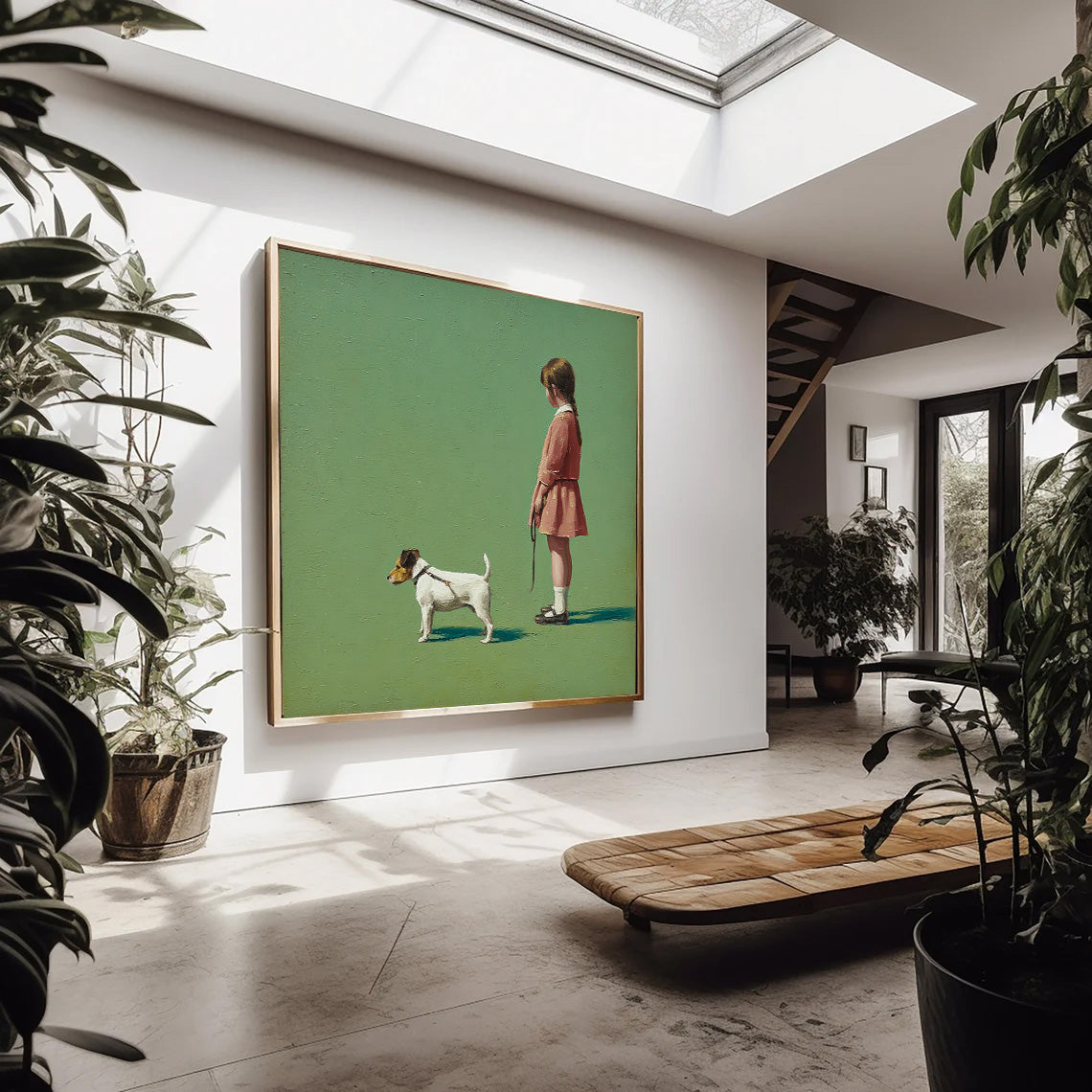 Minimalist Girl Walking The Dog Painting Green Grassland Wall Art Abstract Warm And Peaceful atmosphere