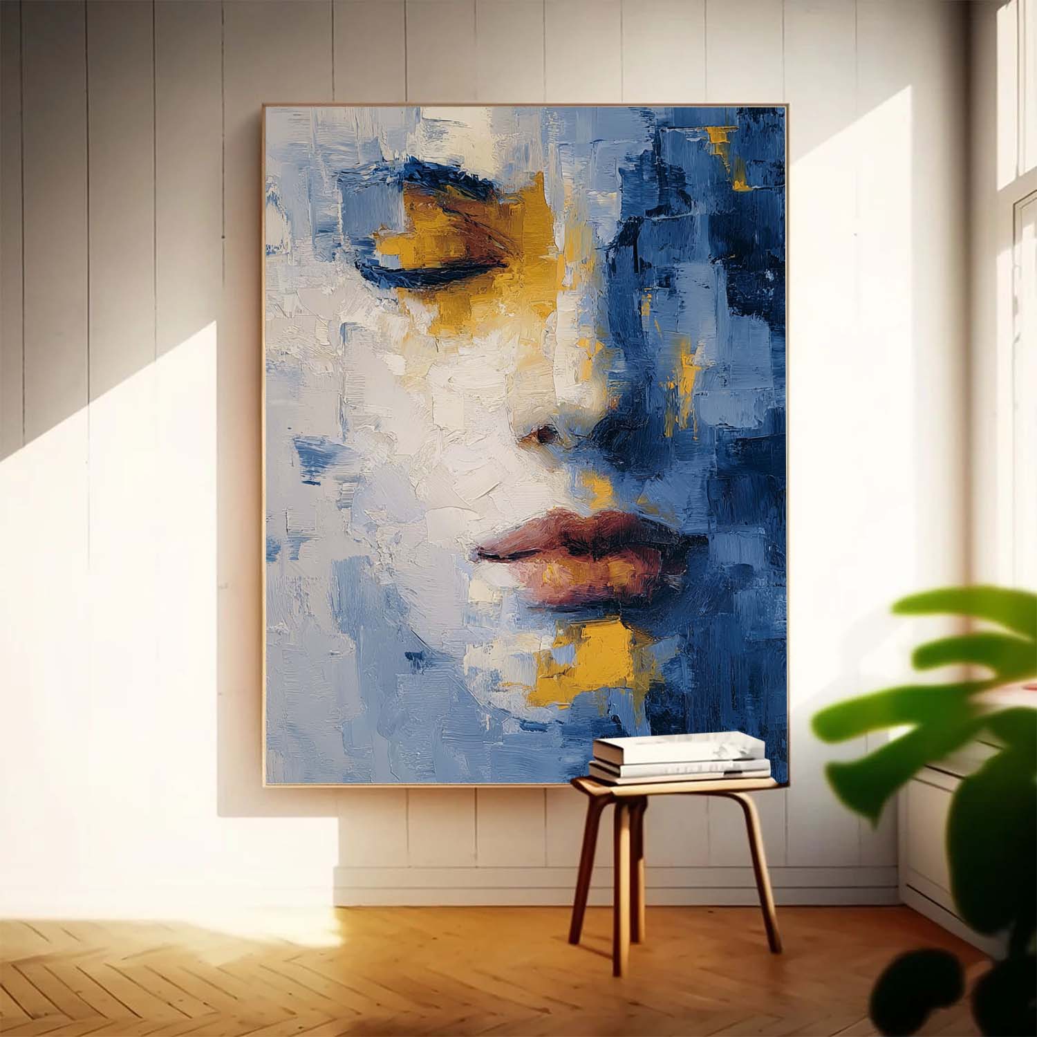 Contemporary Minimalist Face Artwork Abstract Portrait Painting Modern Blue & Gold Toned Impasto Wall Art