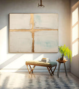 Beige Modern Acrylic Painting Large Abstract Golden Cross Oil Painting Original Wall Art Home Decor