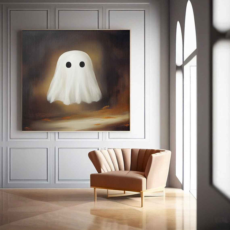 Large Cute Ghost Square Texture Abstract Wall Art Framed Modern Abstract Canvas Painting Holiday Decorations