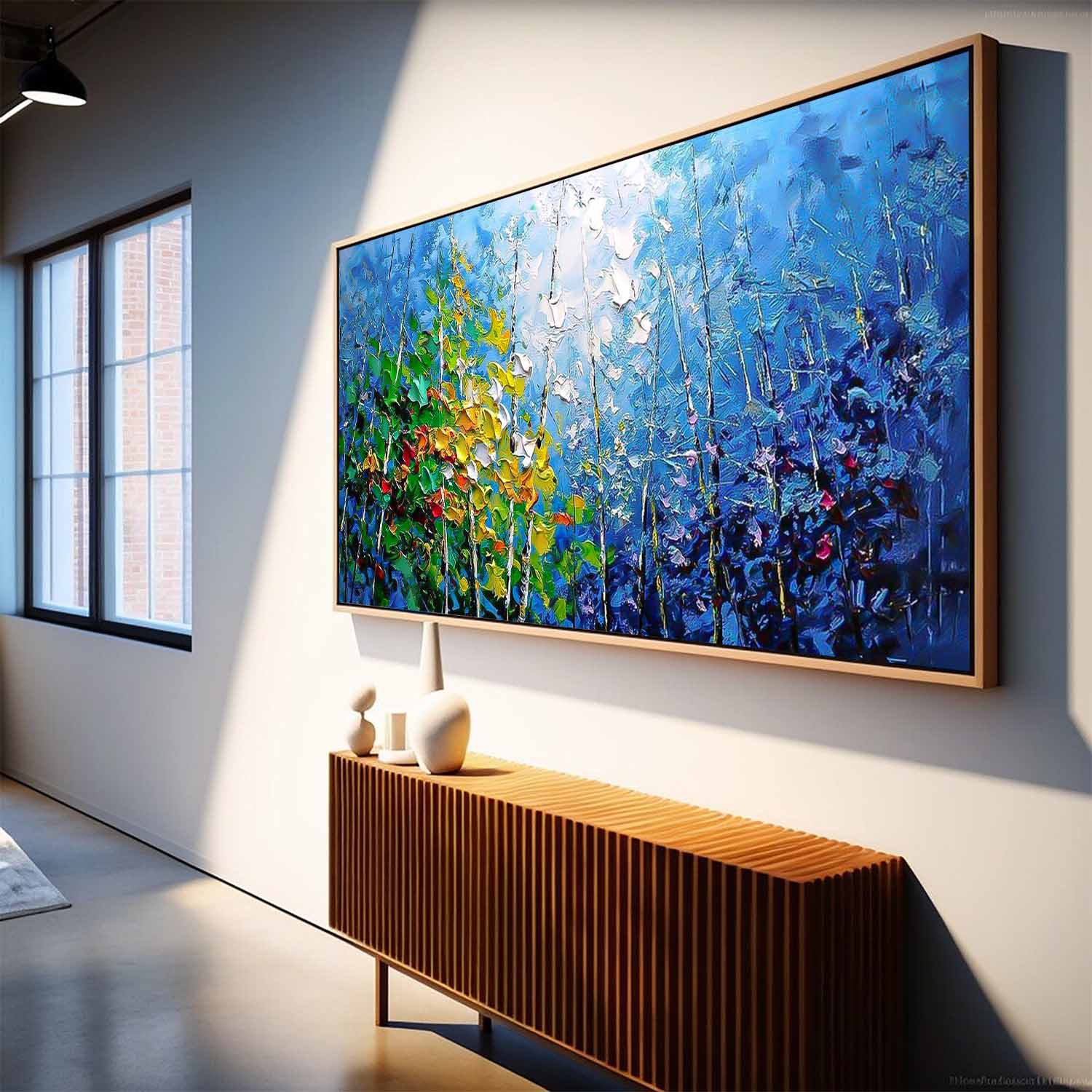 Large Wall Art Blue Forest Textured Floral Acrylic Painting Original Modern Impasto Painting On Canvas