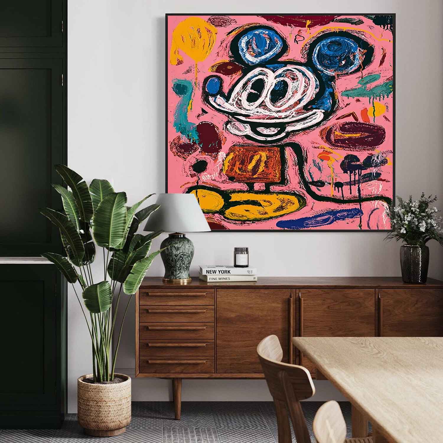 Pink Original Features Artwork Abstract Mickey Painting Canvas Large Graffiti Cartoon Figure Wall Art