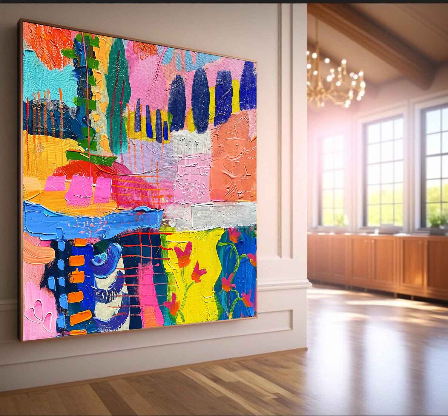 Modern Textured Artwork Colorful Original Square Canvas Wall Art Large Graffiti Abstract Oil Painting