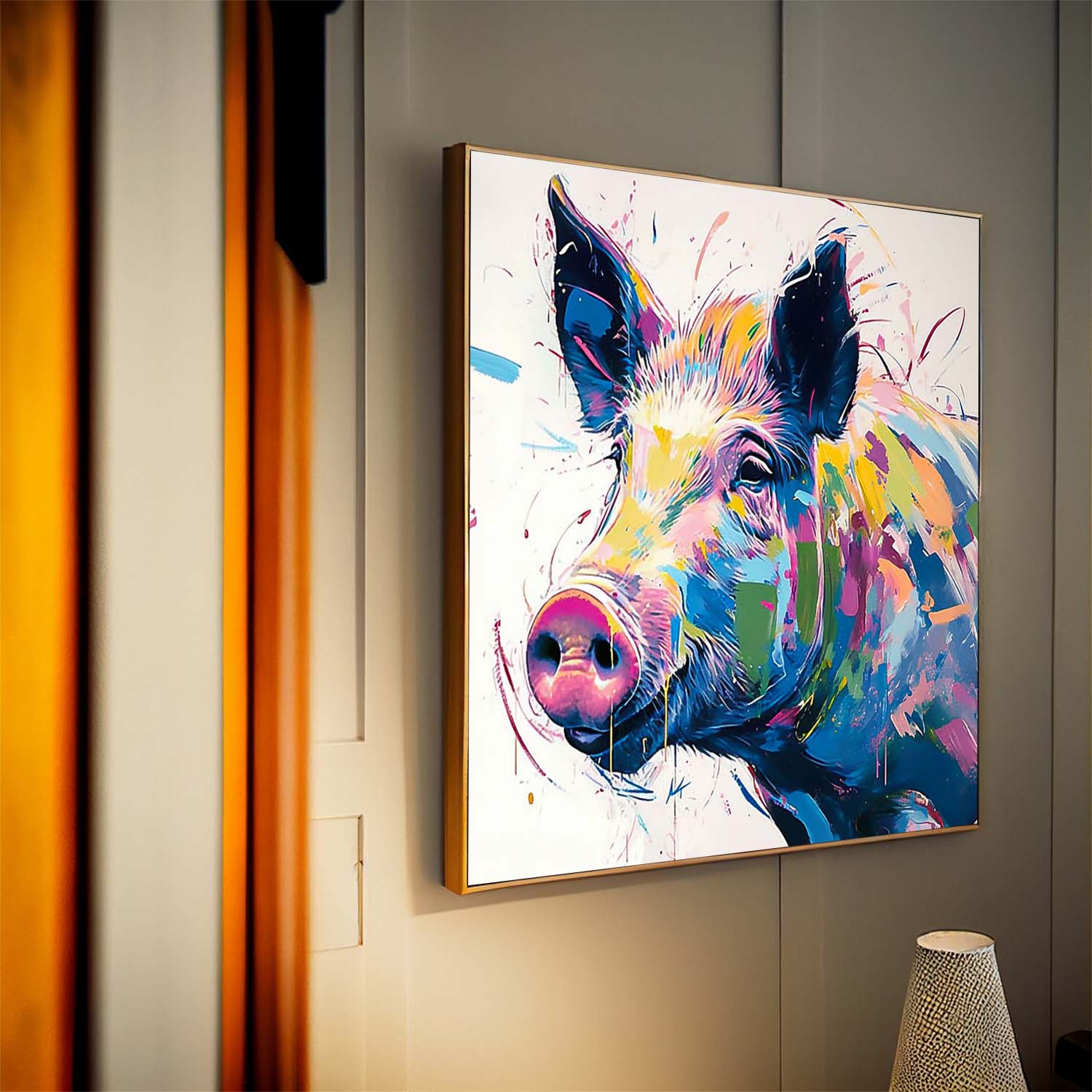 Square Pig Oil Painting Canvas Large Colorful Animal Artwork Original Lovely Swine Wall Art Home Decor