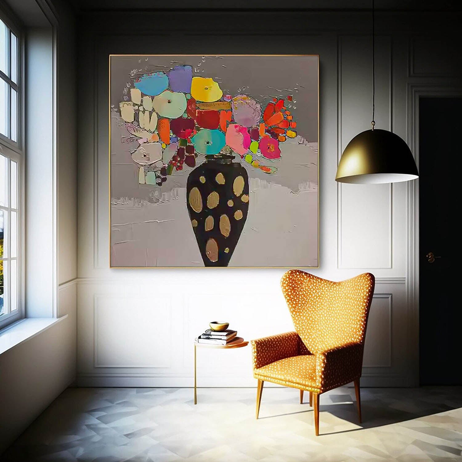 Large Abstract Vase Paintings Square Contemporary Colorful Stone Flower Paintings Spring Painting Framed