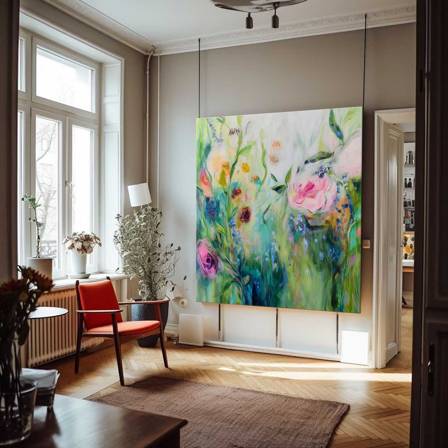 Large Flowers Acrylic Painting Canvas Original Floral Artwork Square Abstract Flowers Art For Living Room