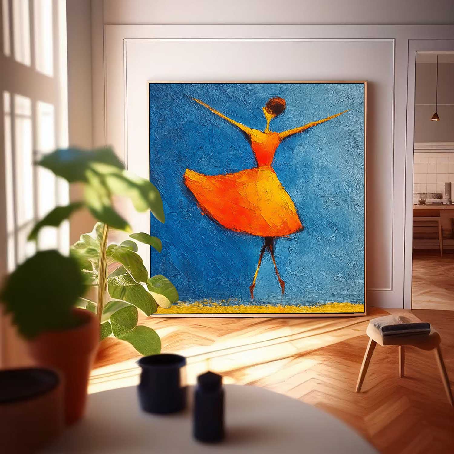 Minimalist People Silhouette Wall Art Modern Orange Skirt Framed Original Vibrant Color Oil Painting 
