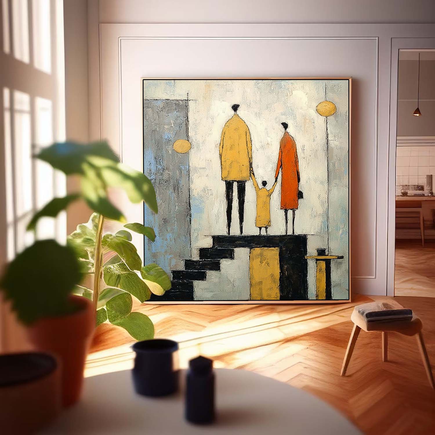 Square Original Neutral Background Oil Painting Minimalist Family Wall Art Modern City Silhouette Home Decor
