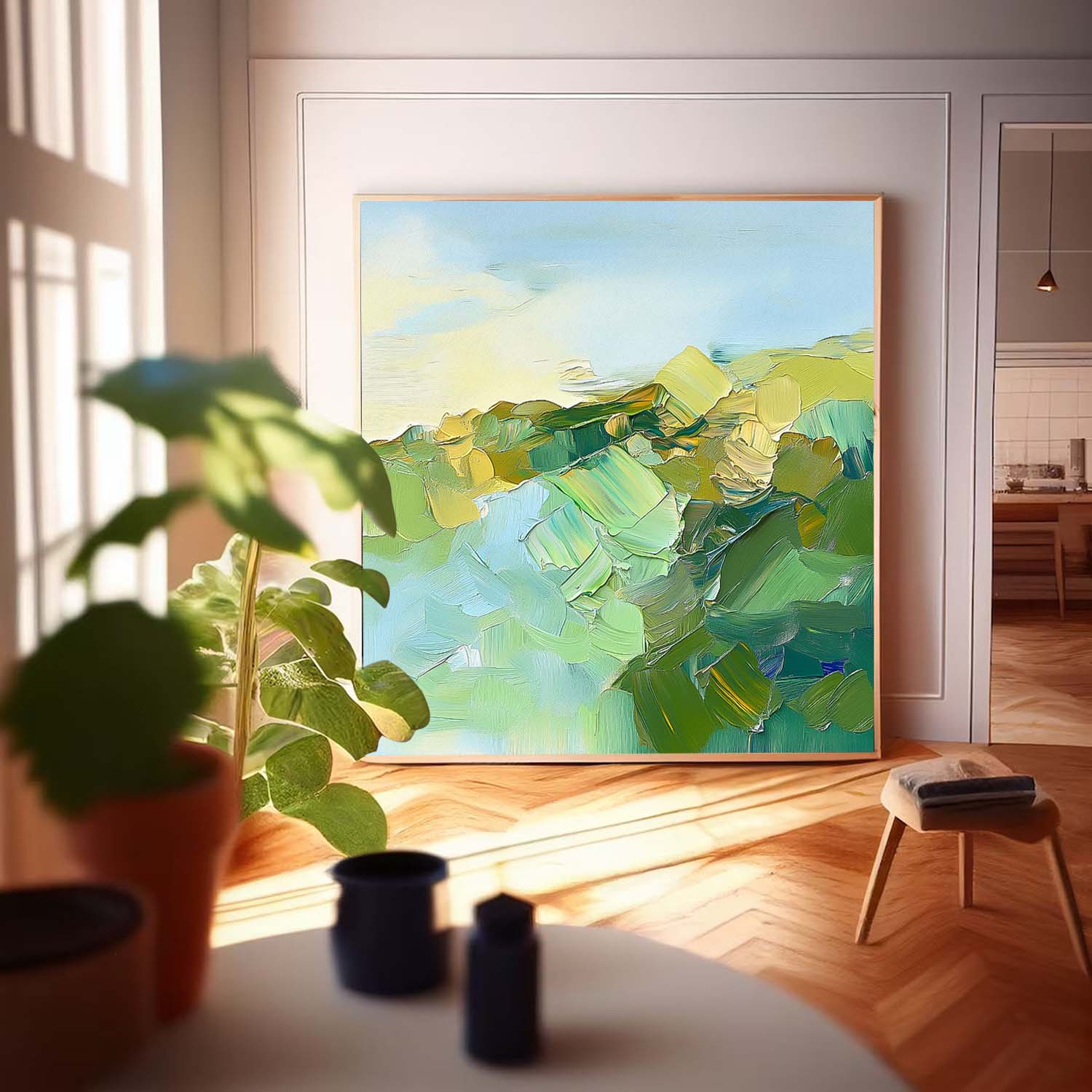 Large Abstract Texture Canvas Wall Art Abstract Landscape Scraper painting Modern Green Minimalist Painting