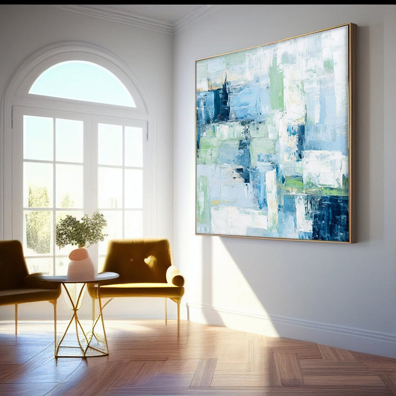 Square Abstract Fine Art Canvas Bright Blue Original Modern hand painted wall art Home Decor