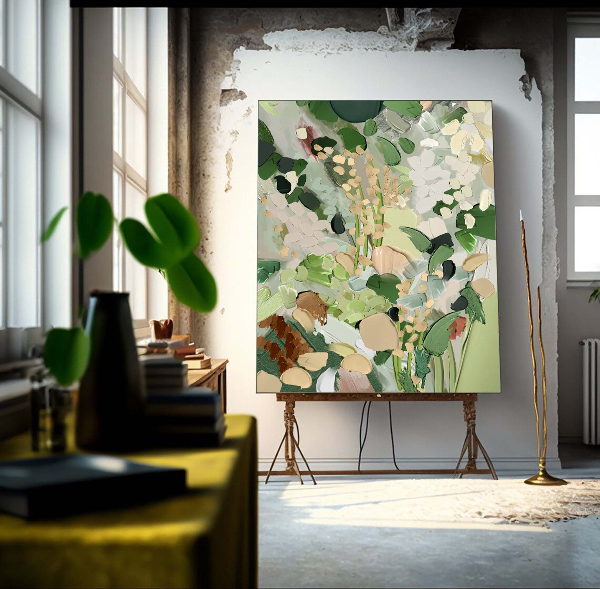 Green Modern Oil Painting Canvas Large Abstract Knife Painting Original Green Plant Wall Art Home Decoration