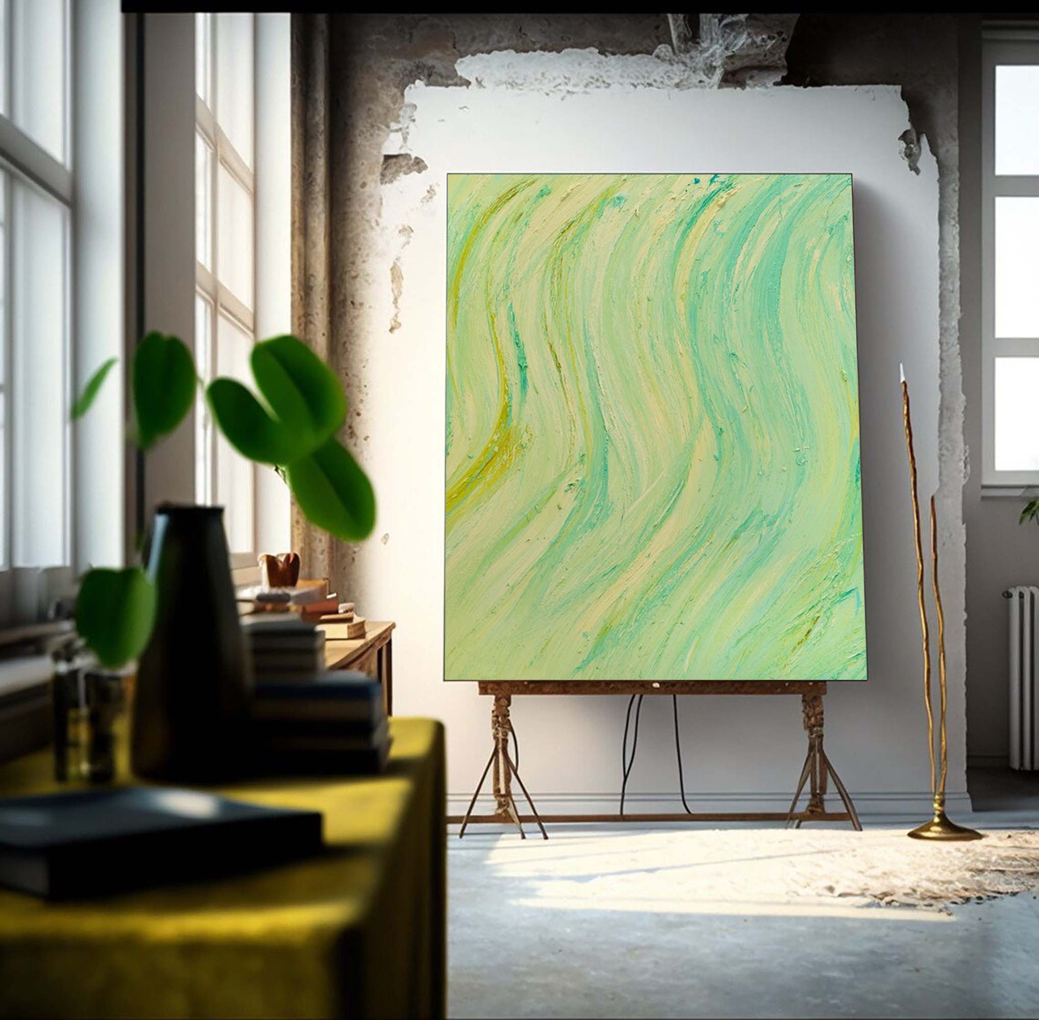 Yellow And Green Texture Minimalist Oil Painting On Canvas Large Abstract Acrylic Painting Original Wall Art Home Decor