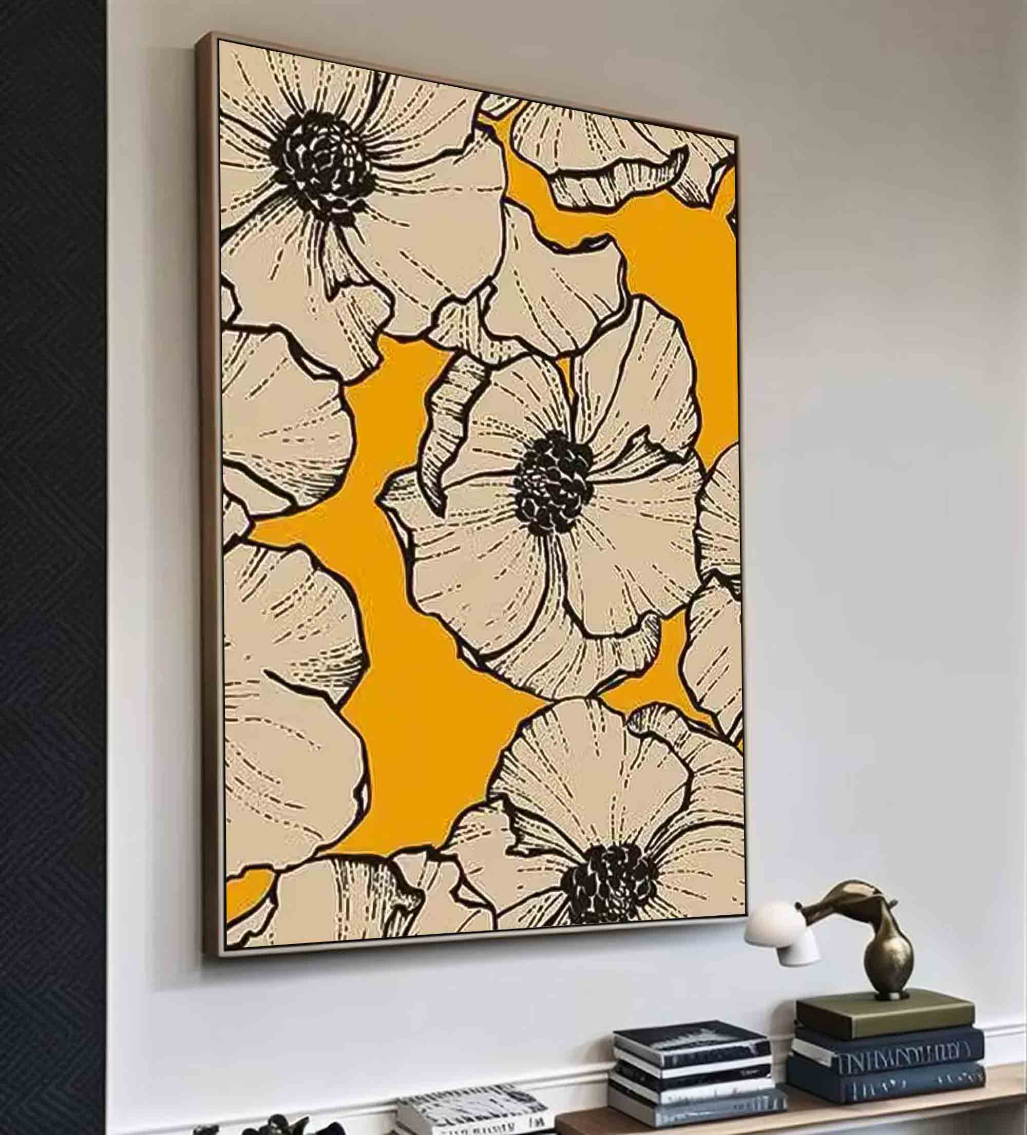 Abstract Yellow Oil Painting On Canvas Oversize Original Minimalism Beautiful Floral Artwork Home Decor