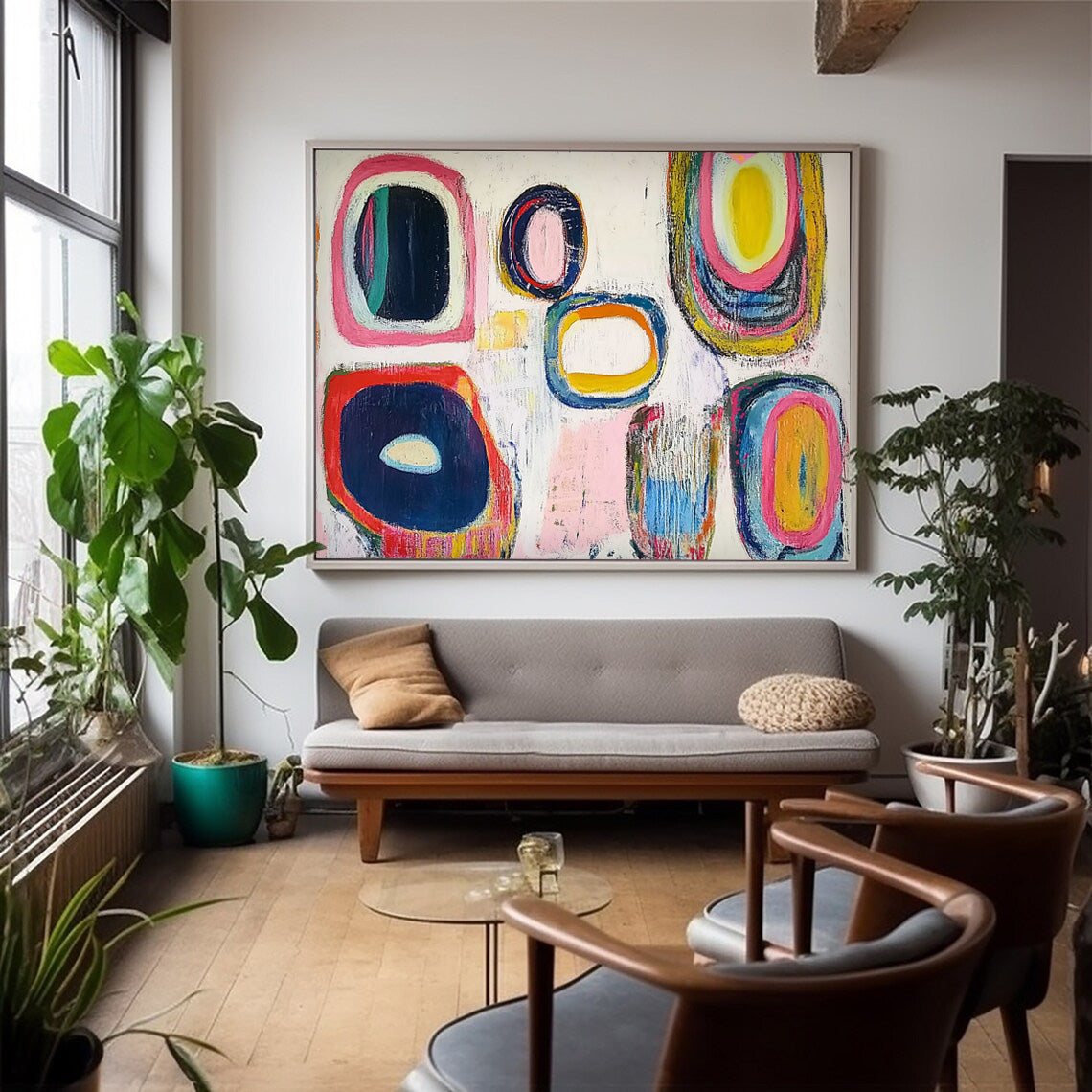 White Abstract Oil Painting Modern Colorful Handmade Artwork Original Irregular Geometric Circles Wall Art