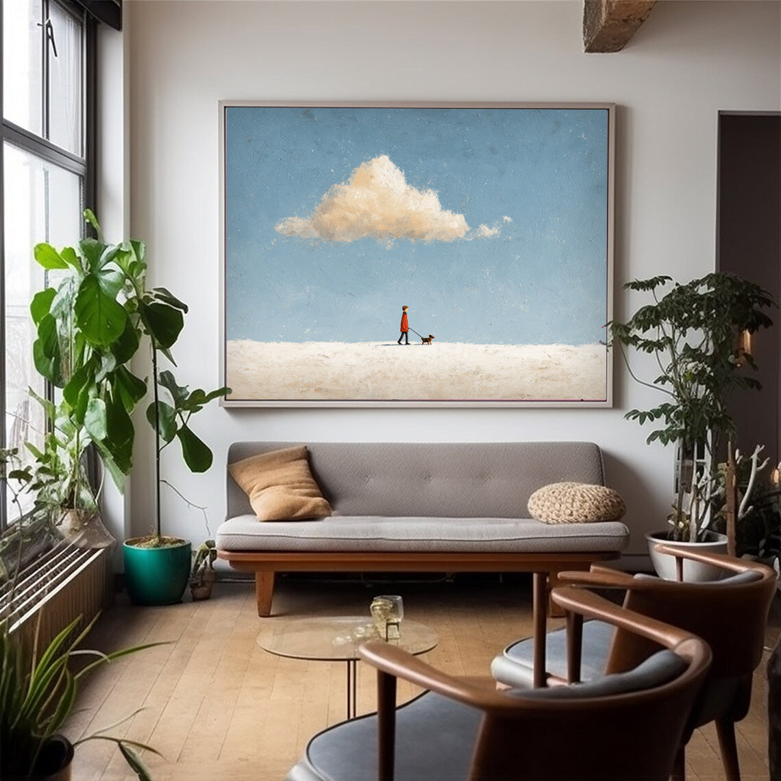 Large Walking The Dog Wall Art Original Minimalism Artwork Abstract Figure Painting Canvas Home Decor