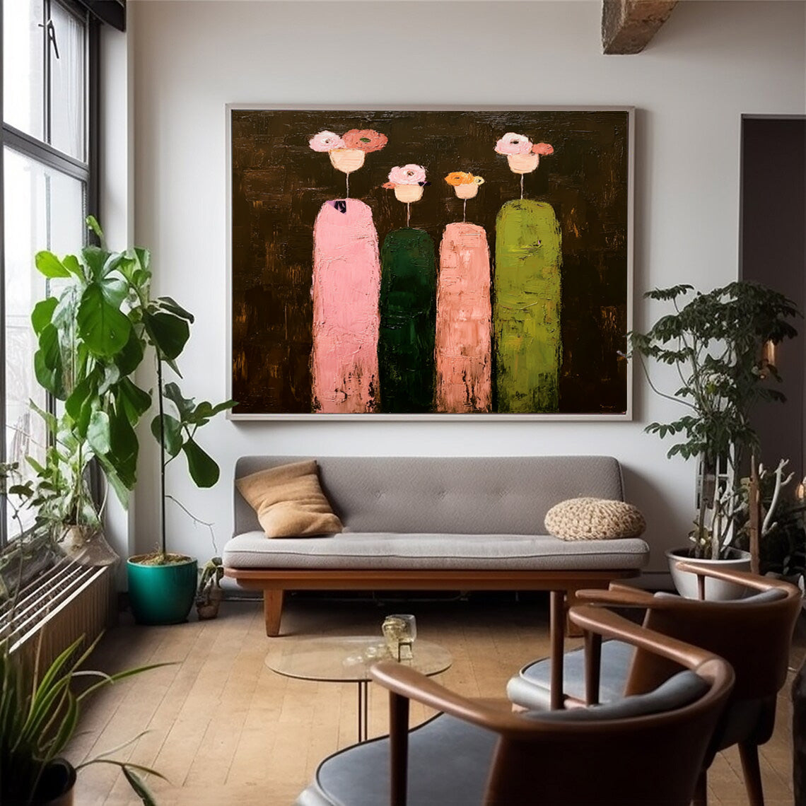 Original Family Abstract Oil Painting Wall Art Modern Colorful Floral On Dark Background Large People Artwork
