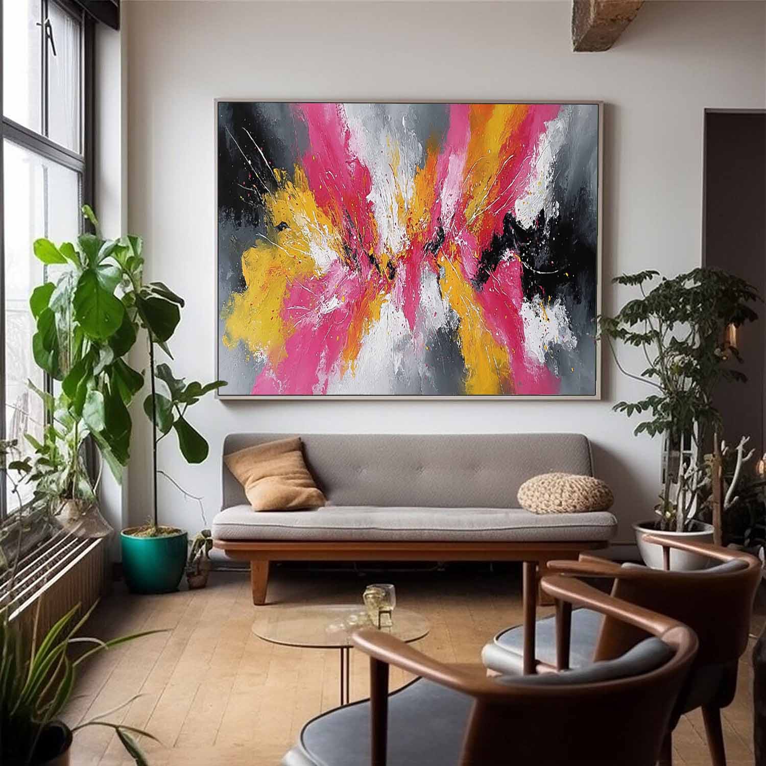 Modern Abstract Canvas Art Bright Pink & Yellow Explosion Textured Oil Painting For Home Wall Decor