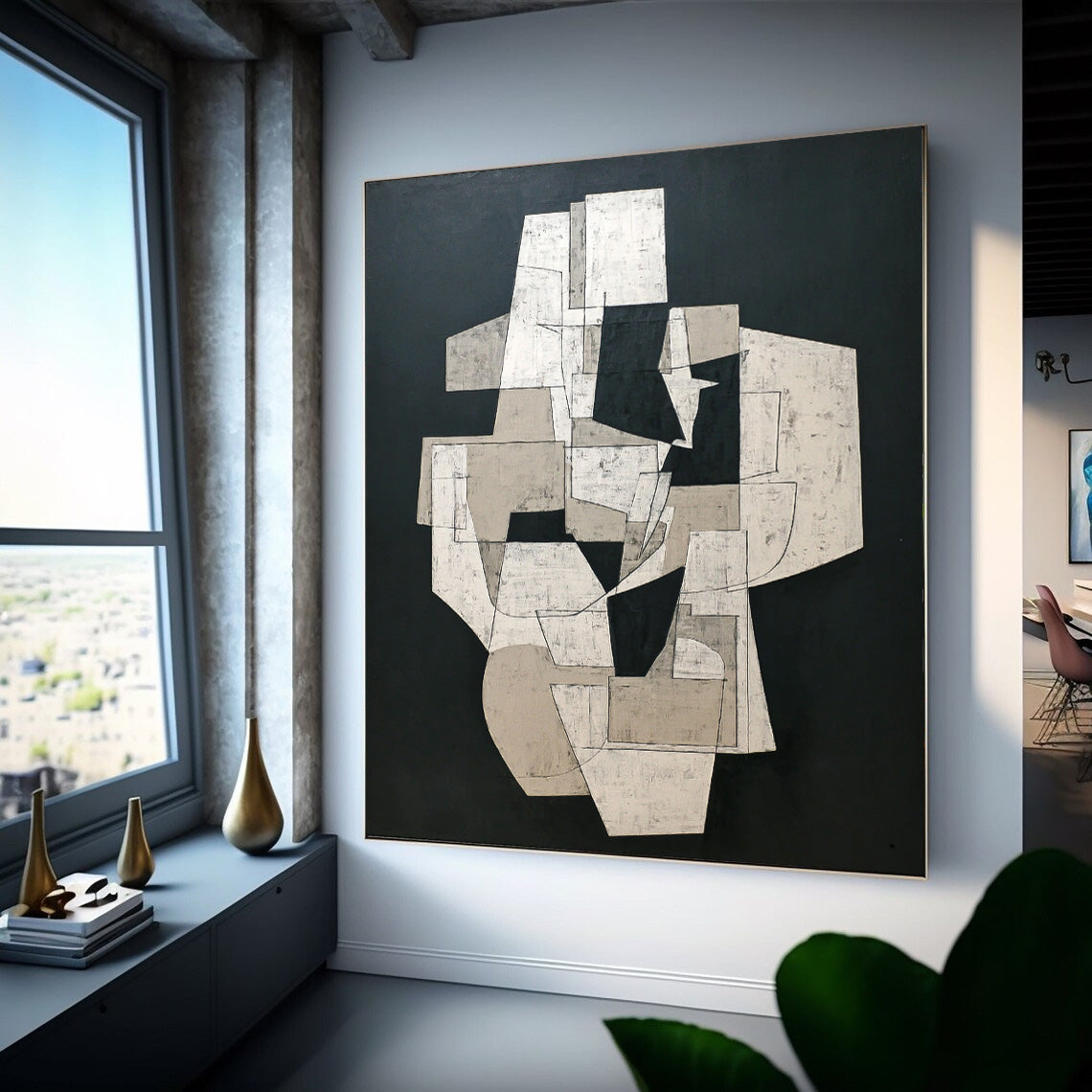 Abstract Geometric Wall Art Modern Black White Painting Contemporary Minimalist Decor Unique Canvas Art
