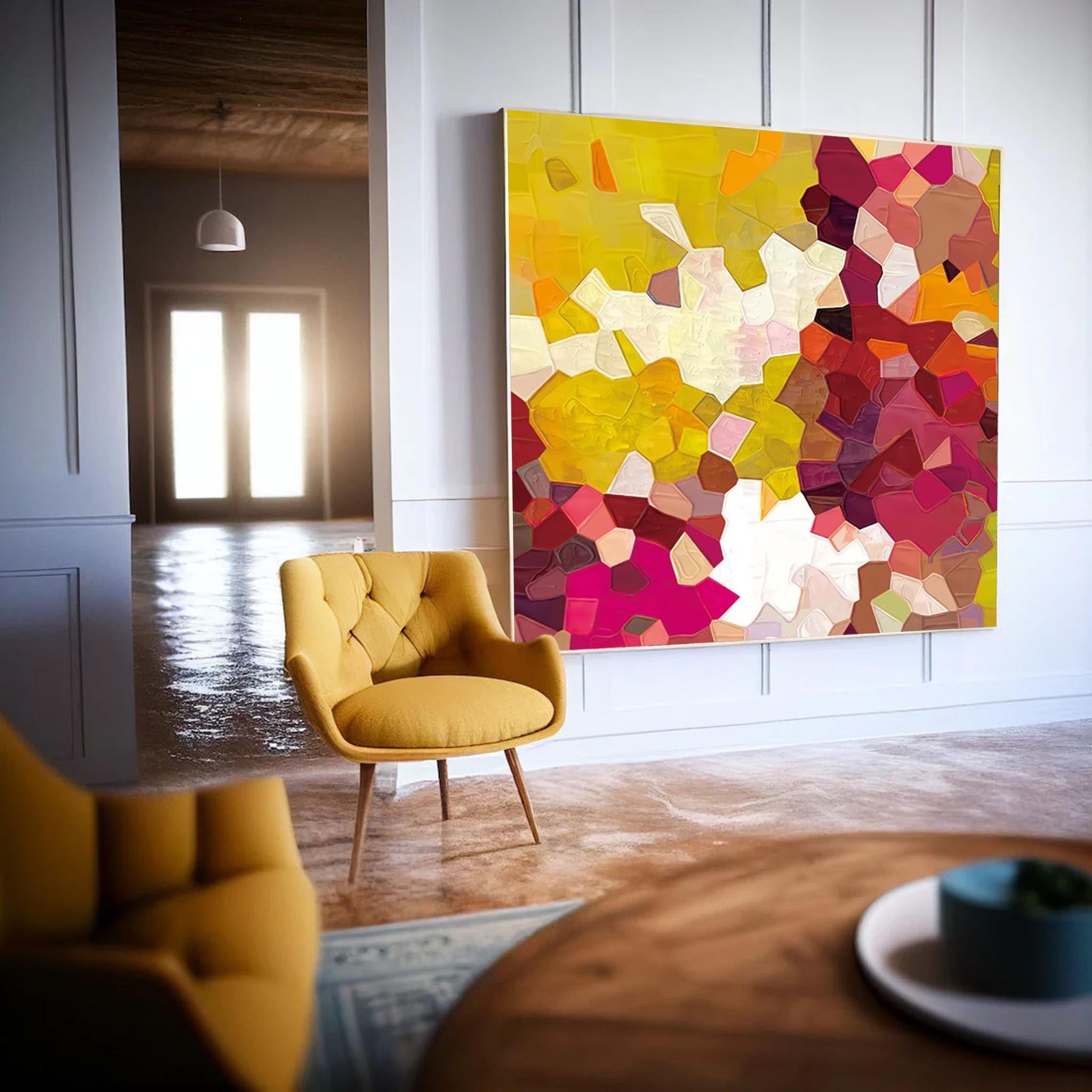 Yellow And Red Abstract Oil Painting On Canvas Modern Wall Art Large Original Blue Acrylic Painting For Living Room