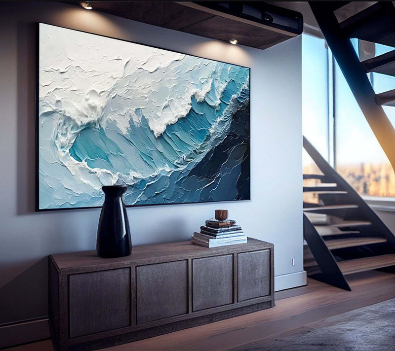 Blue Texture Ocean Abstract Oil Painting Large Ocean Original Blue Painting On Canvas Modern Wall Art Living Room Decor