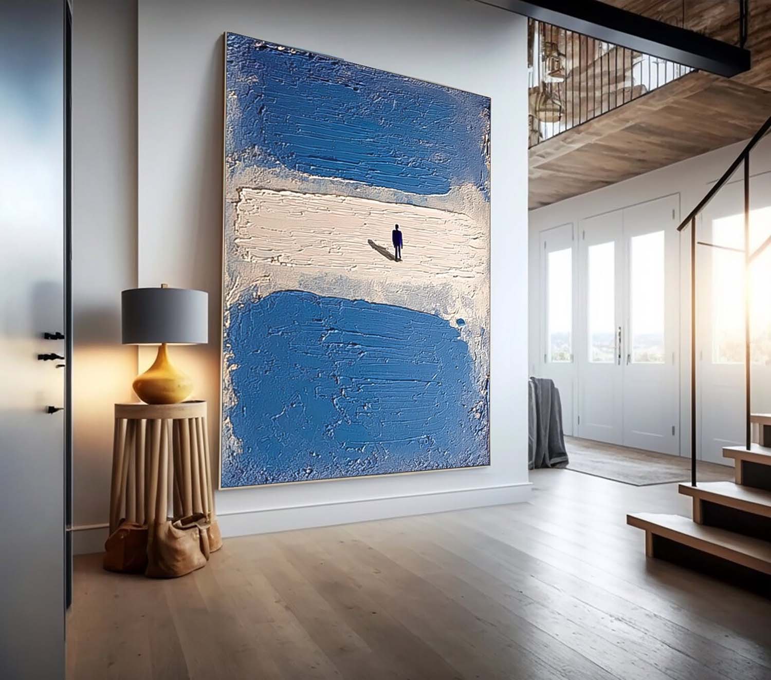 Original Lonely Back People Oil Painting Large Blue Minimalism Wall Art Abstract Figures Artwork Decor