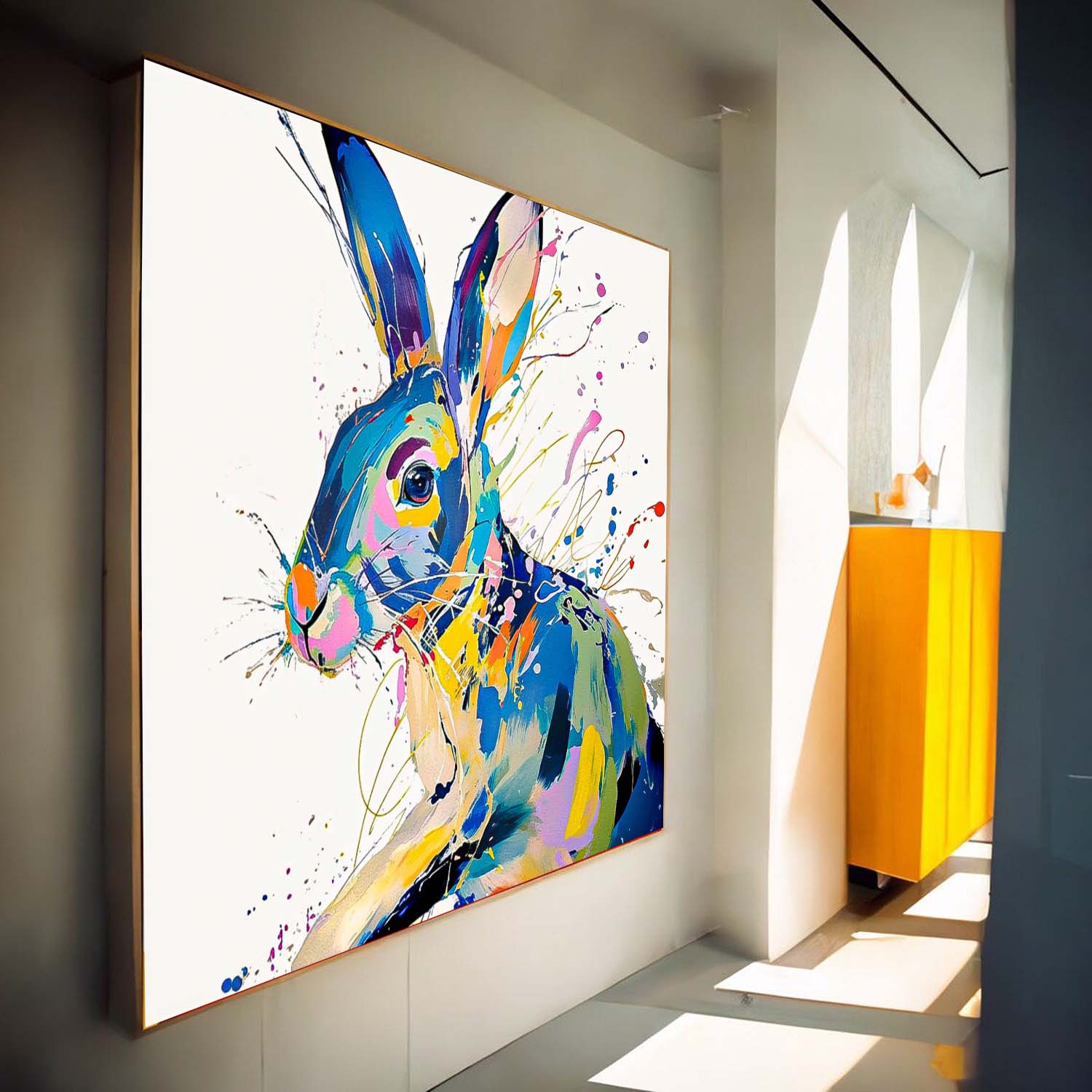 Original Lovely Rabbit Wall Art Square Bunny Oil Painting Canvas Large Colorful Animal Artwork Home Decor