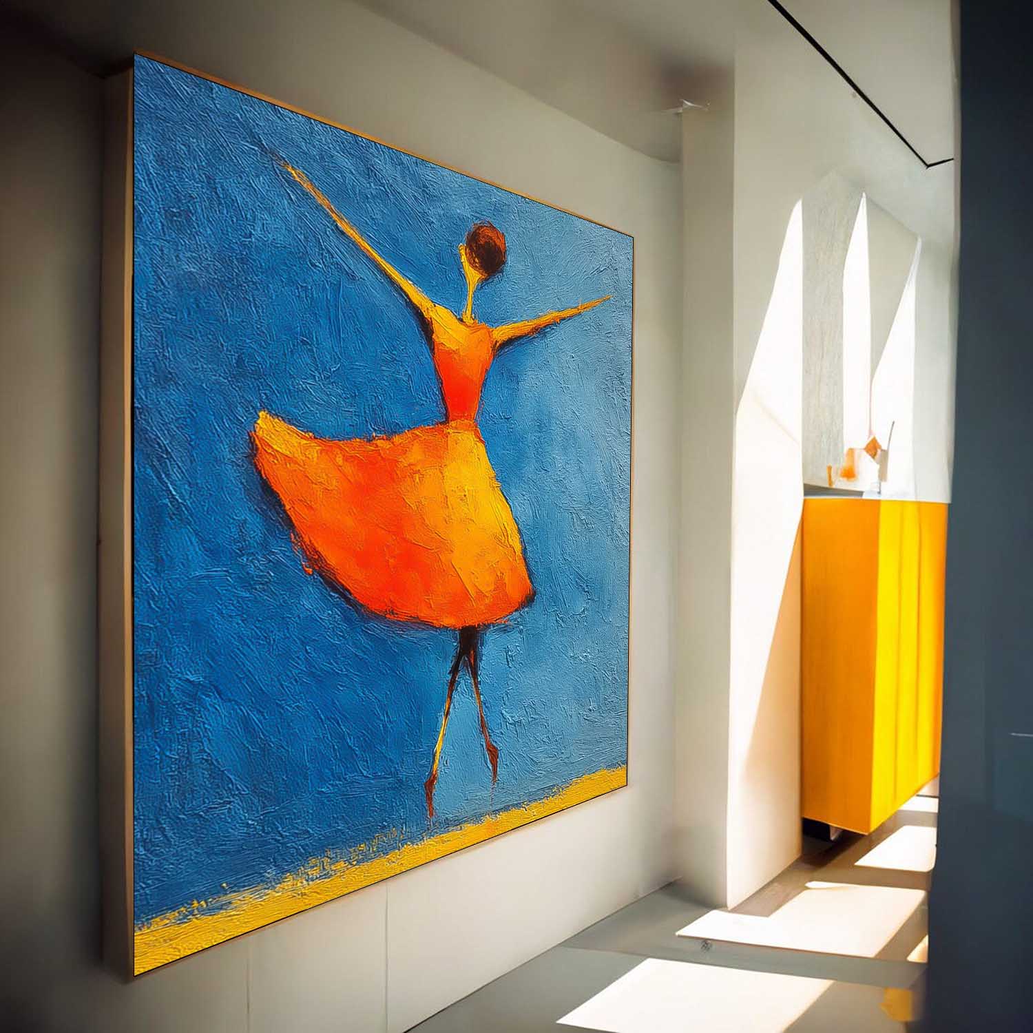 Minimalist People Silhouette Wall Art Modern Orange Skirt Framed Original Vibrant Color Oil Painting 