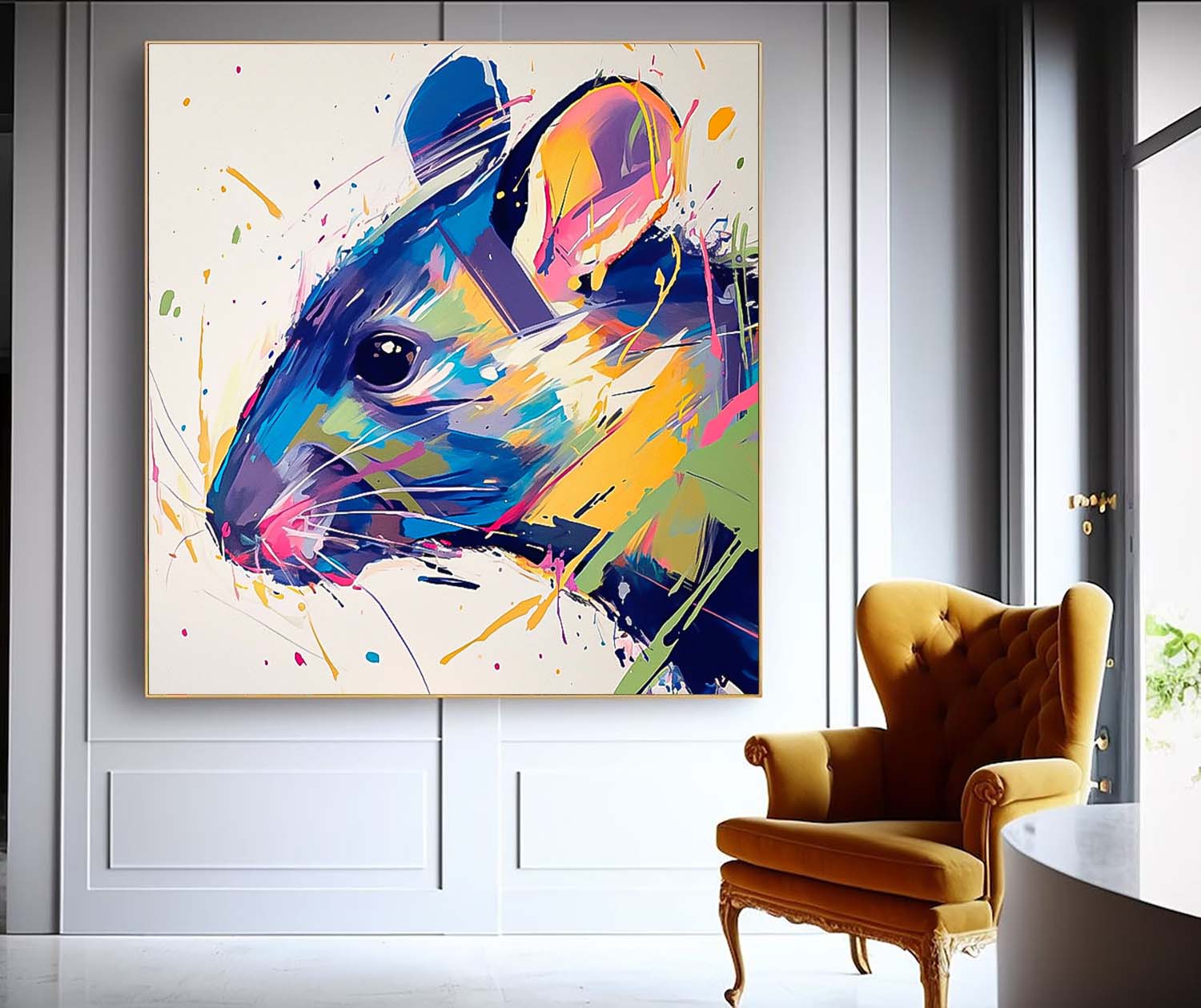 Square Mouse Oil Painting Canvas Large Colorful Animal Artwork Original Lovely Rat Wall Art Home Decor