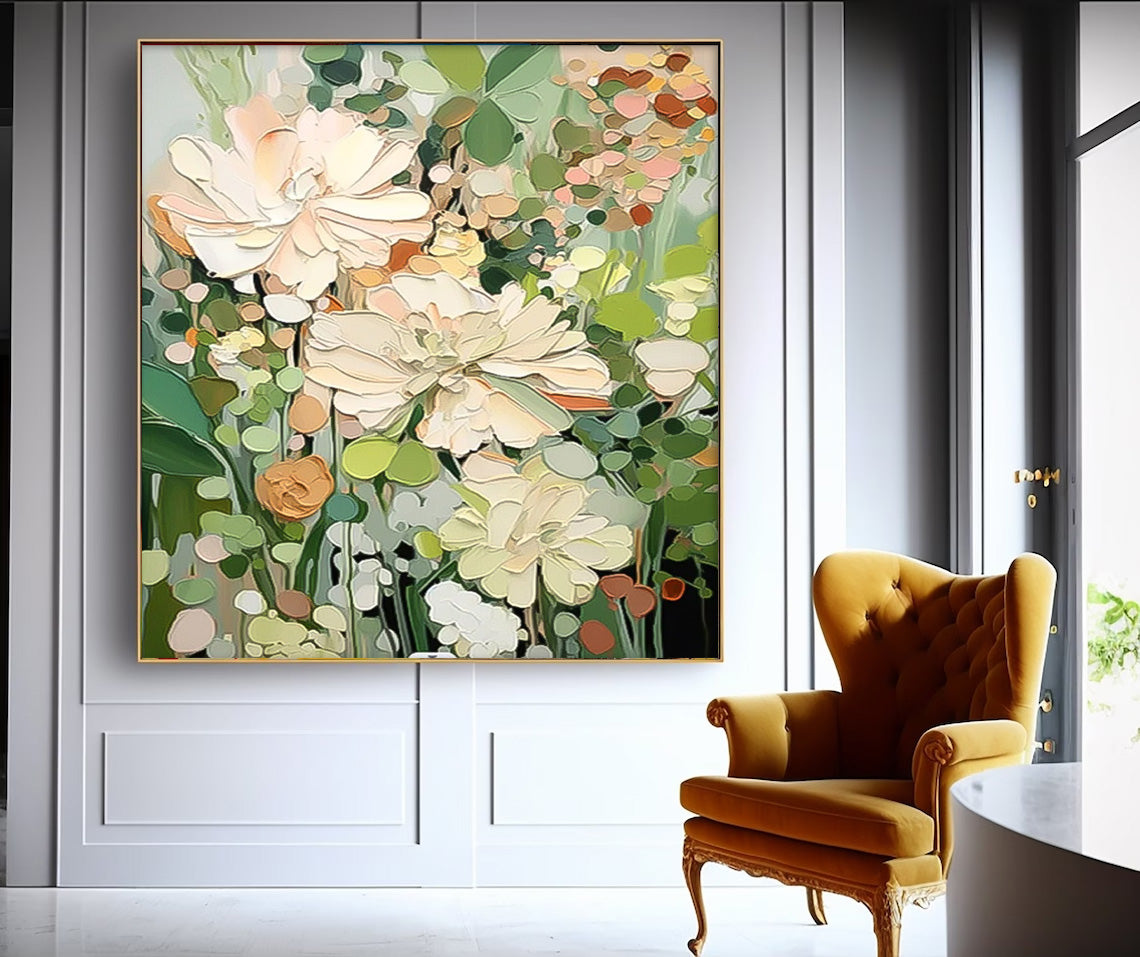 Square Contemporary Floral Painting Extra Large Textured Abstract Flower Paintings Framed Artwork