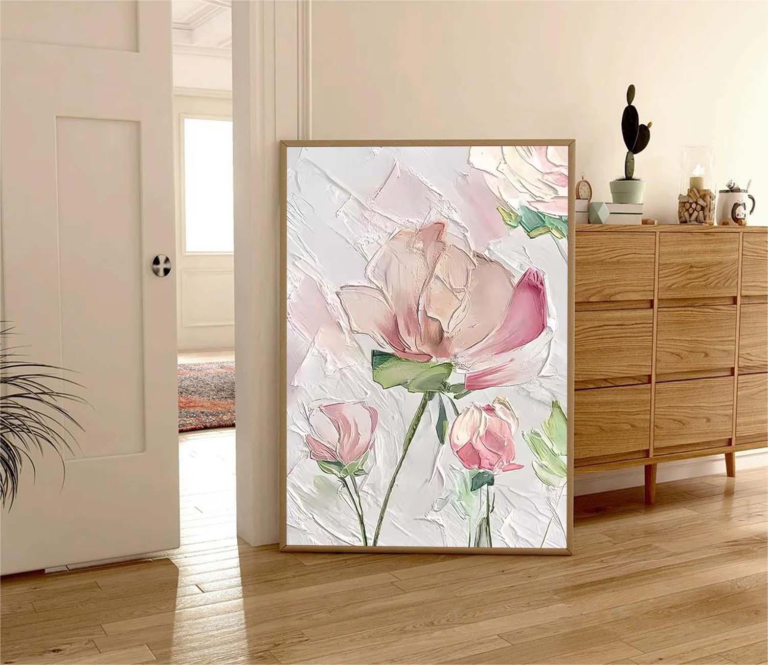 Abstract Pink Flower Oil Painting On Canvas Big Original Texture Beautiful Flowers Artwork Framed Home Decor