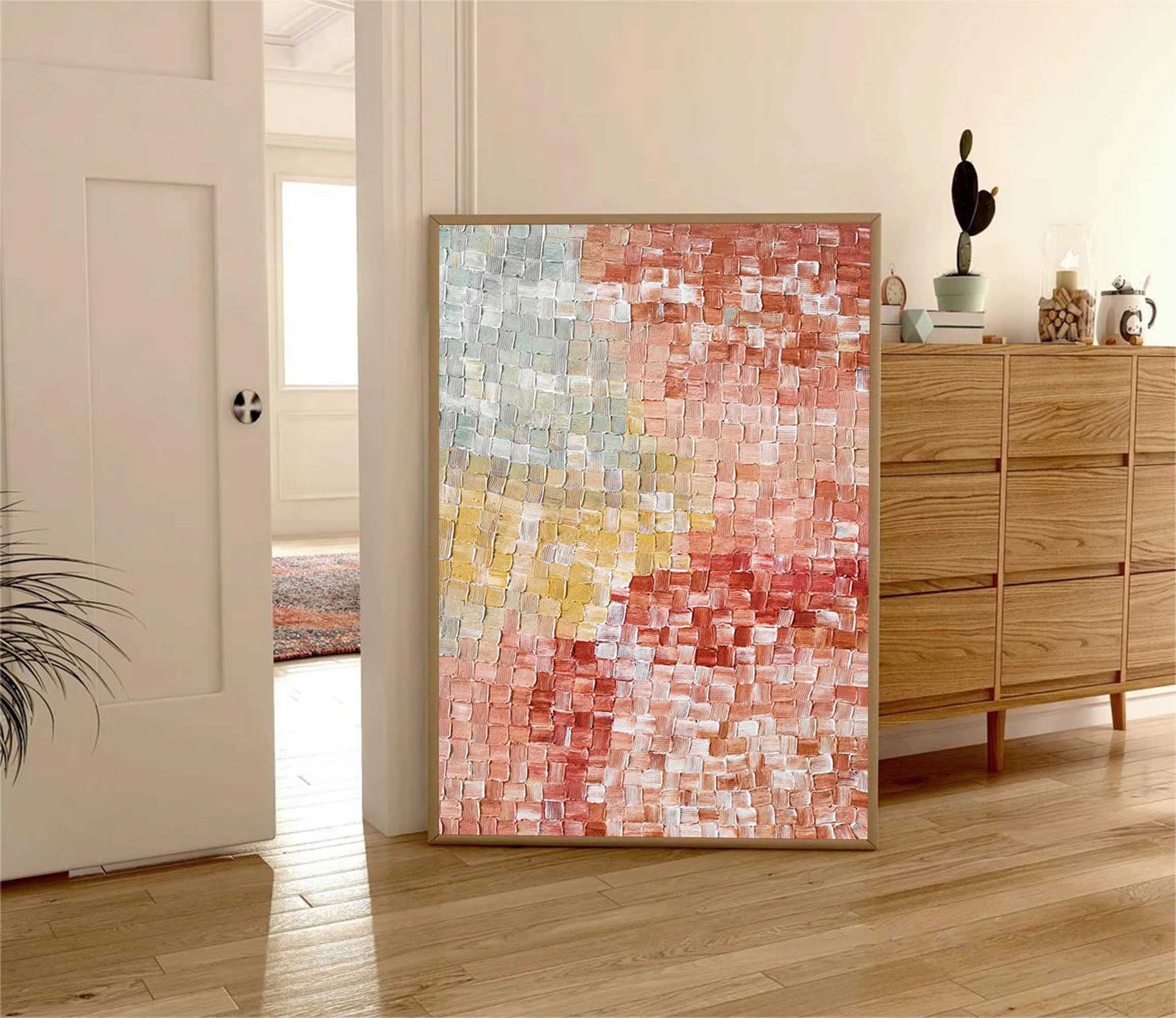 Abstract Red Textured Block Oil Painting on Canvas Large Original Modern Pink Acrylic Painting Colorful Wall Art Living Room Home Decor