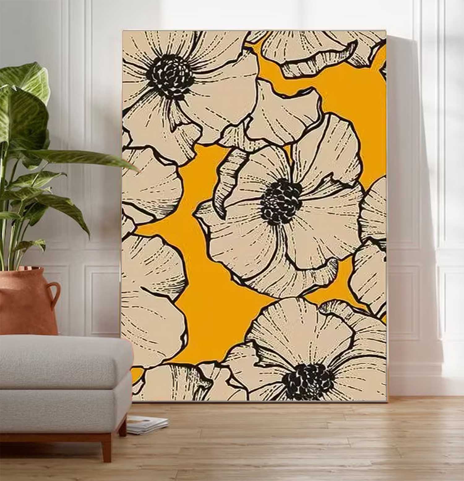 Abstract Yellow Oil Painting On Canvas Oversize Original Minimalism Beautiful Floral Artwork Home Decor