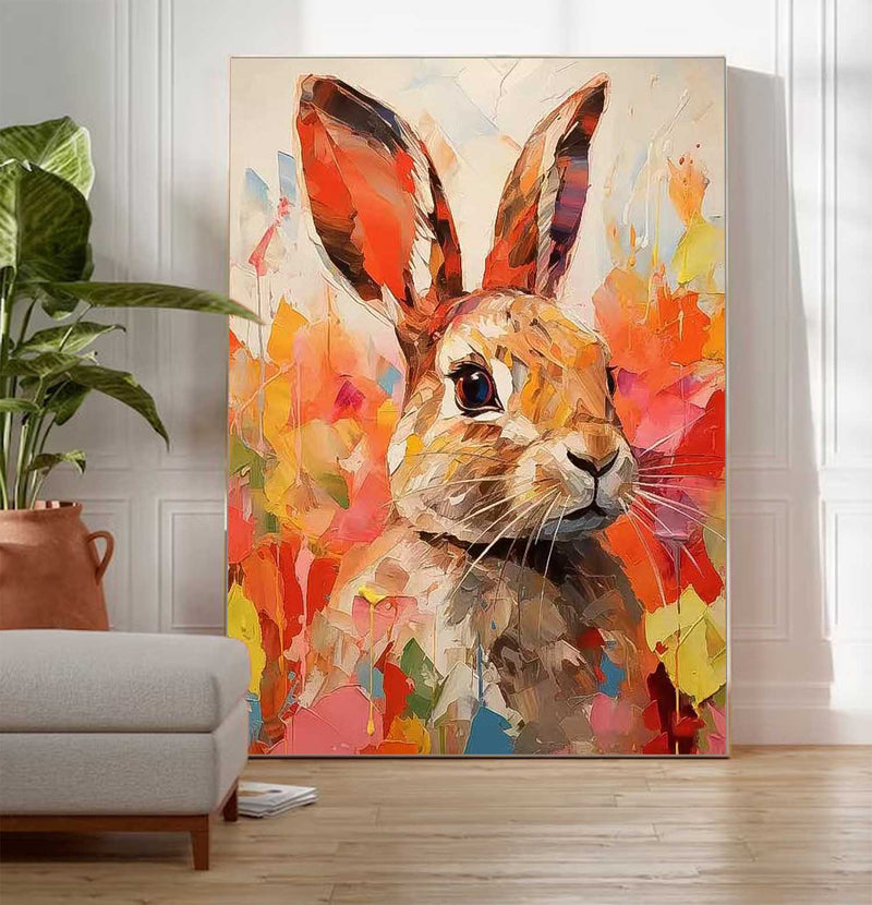 Bright Red Rabbit Oil Painting Modern Colorful Texture Animal Oil Painting Impressionist Bunny Wall Art