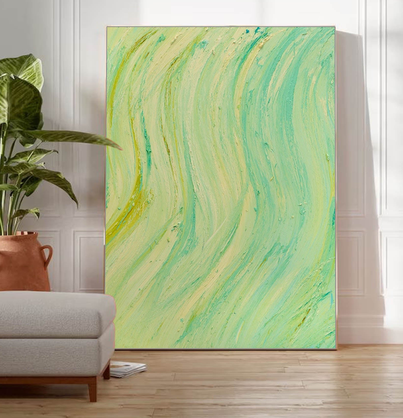 Yellow And Green Texture Minimalist Oil Painting On Canvas Large Abstract Acrylic Painting Original Wall Art Home Decor