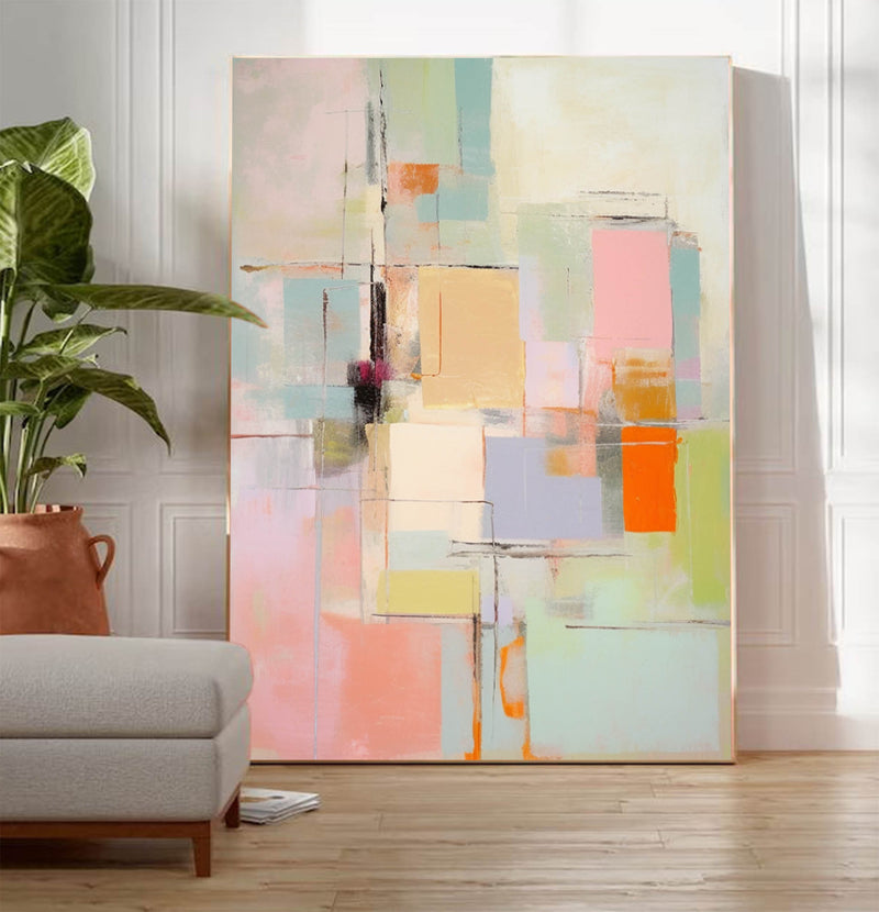 Vibrant colorful Large Original Abstract Oil Painting On Canvas Modern Geometry Texture Wall Art For Living Room