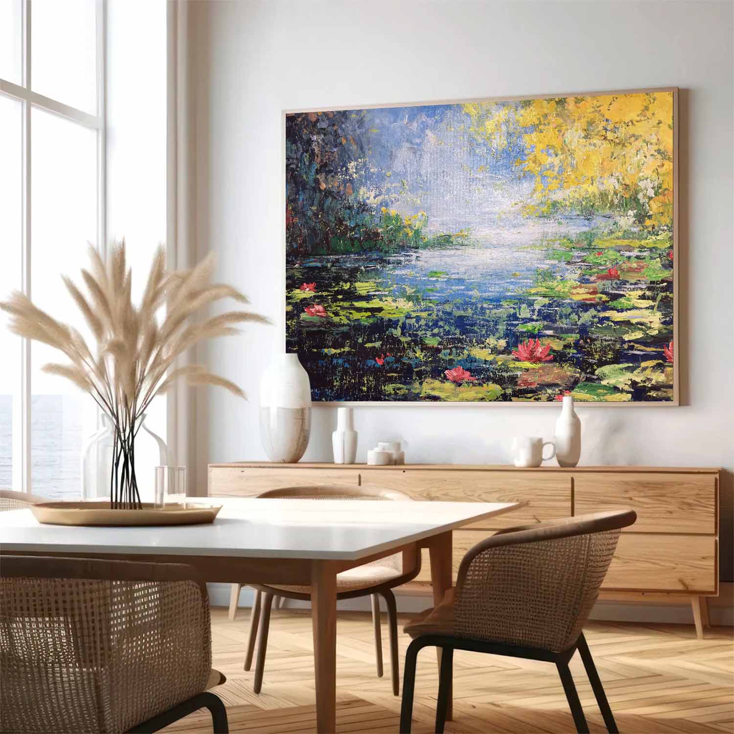 Modern Scenery Framed Wall Art Original Riverside Flowers Acrylic Painting On Canvas Large Artwork Gift