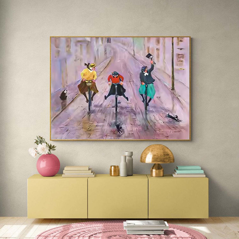 Large woman Rding A Bicycle Wall Art Abstract Oil Painting Original Medieval style Artwork For Living Room